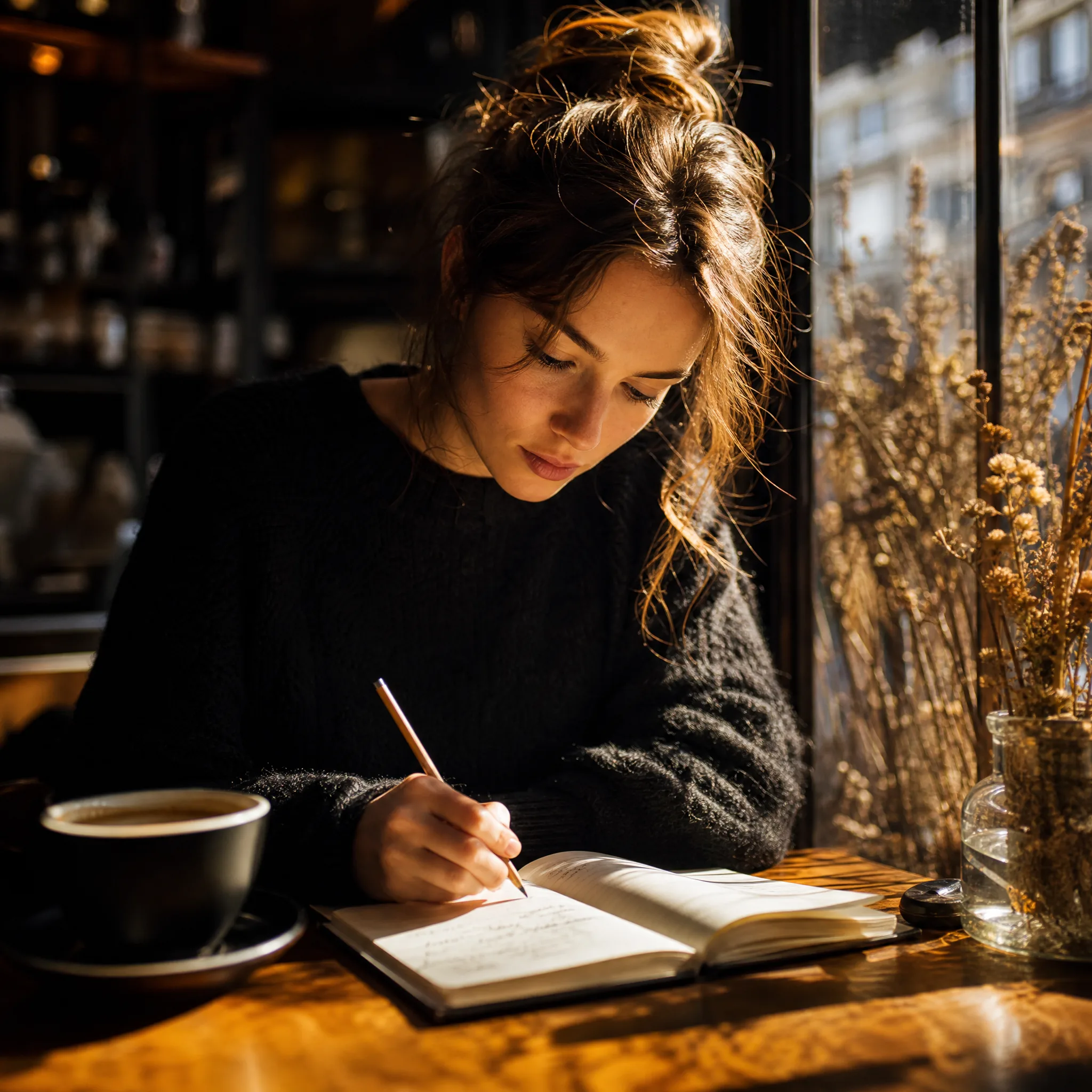 Woman writing ideas in an open notebook at a sunny café window table beside a cup of coffee