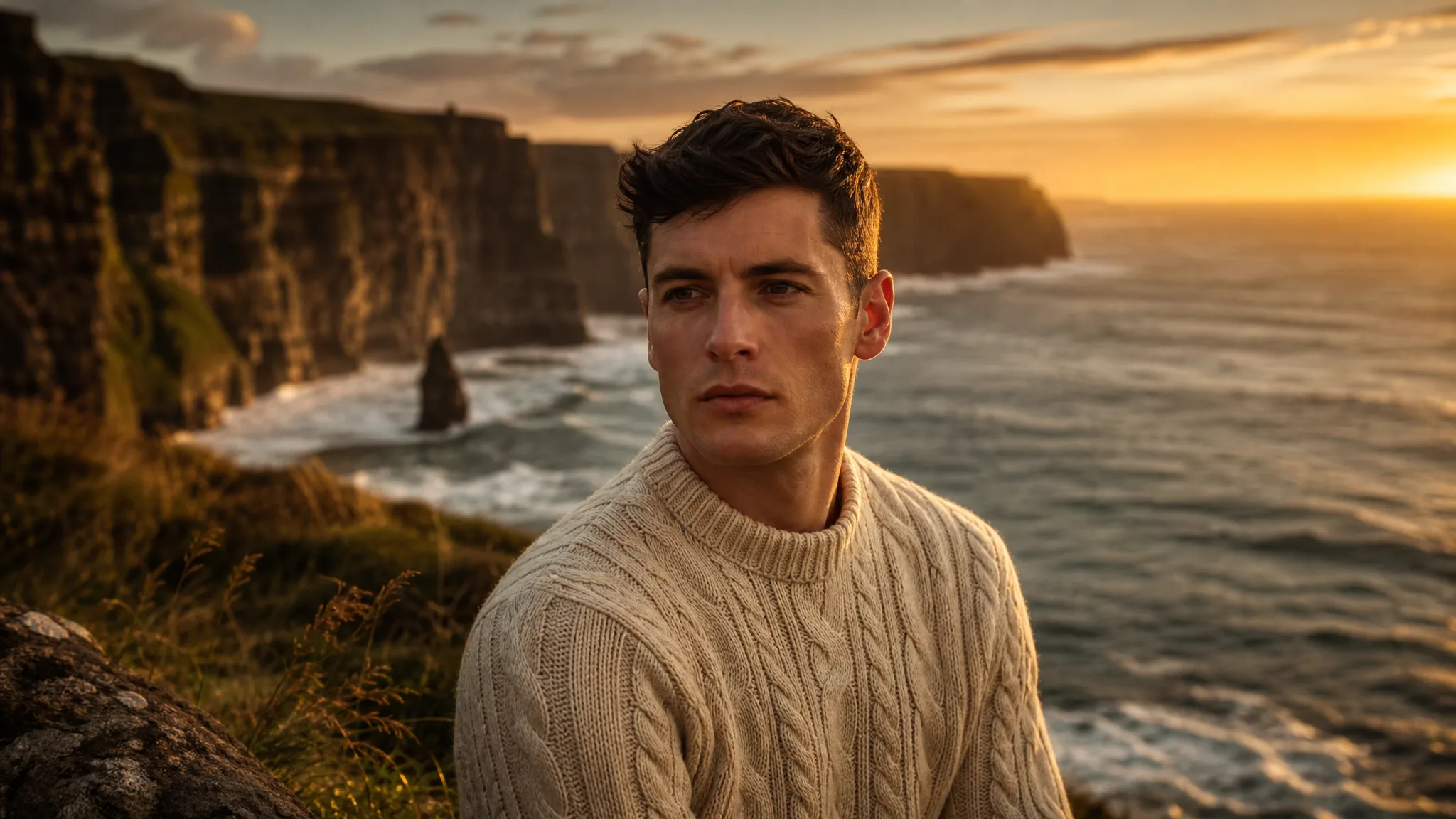 Man in a cream cable-knit sweater, his portrait reimagined against grassy sea cliffs and surf at golden hour