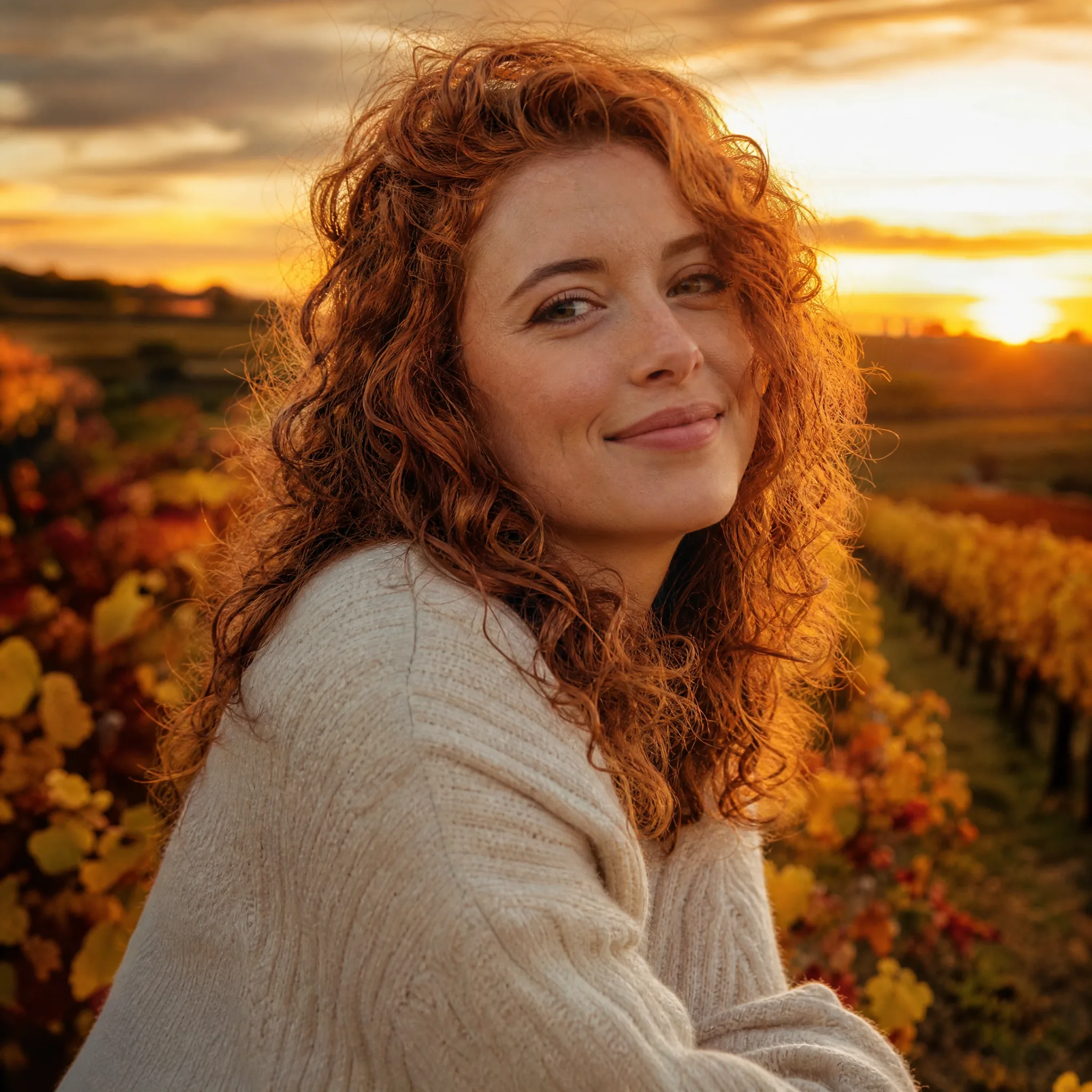 A young white European woman with curly auburn hair in a cream knit sweater, a relaxed portrait placed in a new