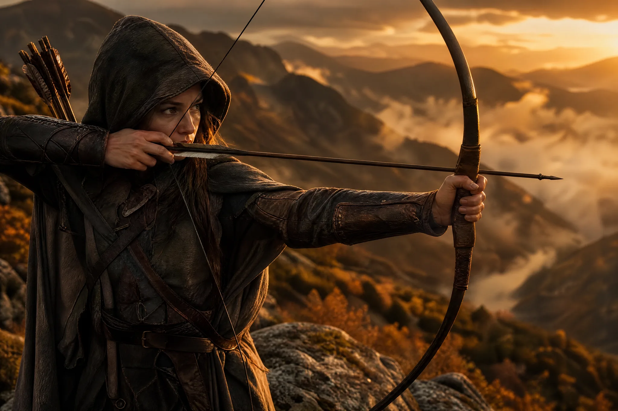 Hooded archer drawing a longbow on a misty mountain ridge, a sketched pose developed into a finished scene