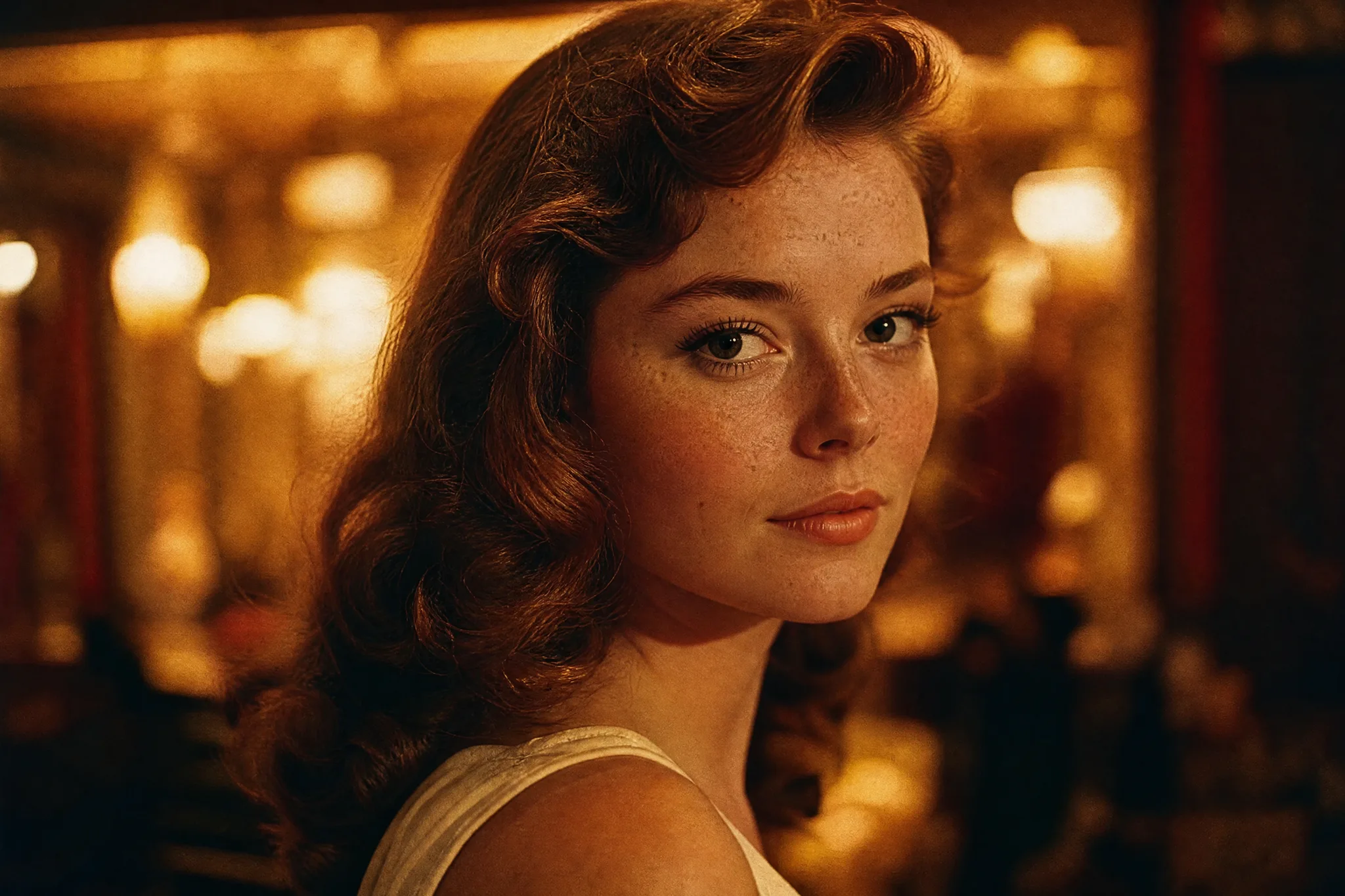 Portrait of a freckled woman with wavy chestnut hair restyled in a golden 1960s cinema look, her face and pose kept