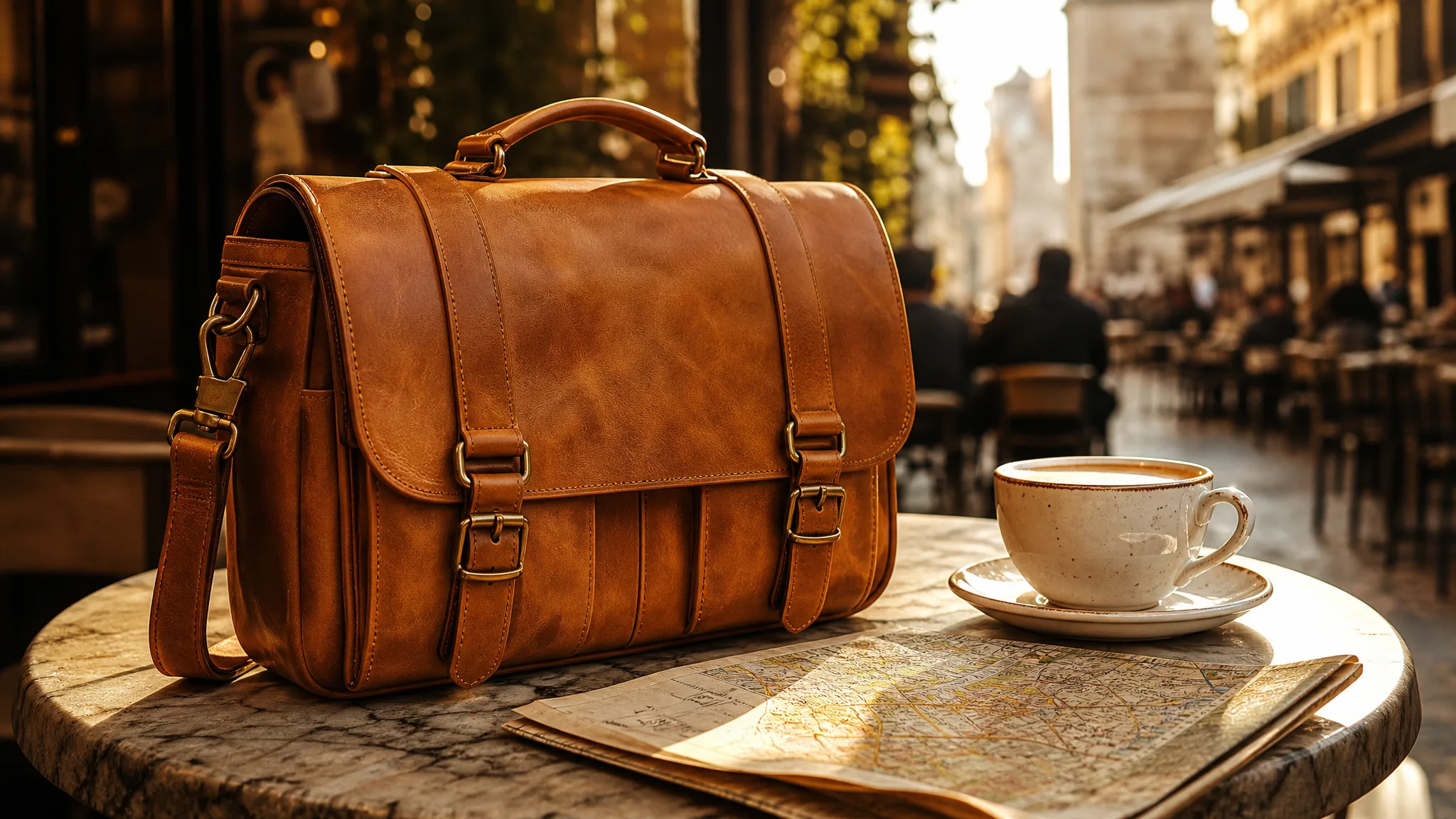 Tan leather camera bag with brass buckles placed on a sunlit marble café table beside a cappuccino and a folded map