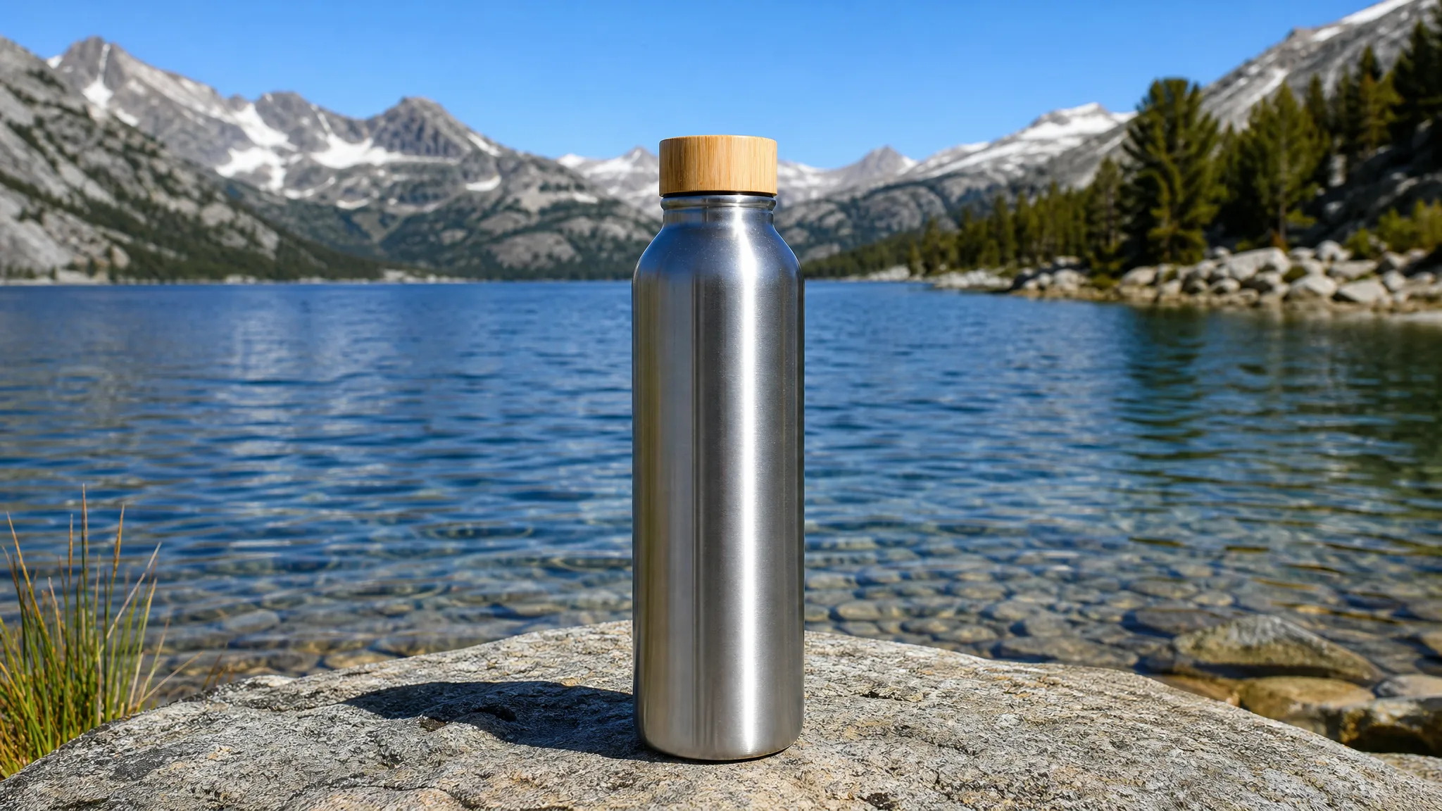 Stainless steel water bottle with a bamboo cap on a granite rock by a clear alpine lake on a sunny day