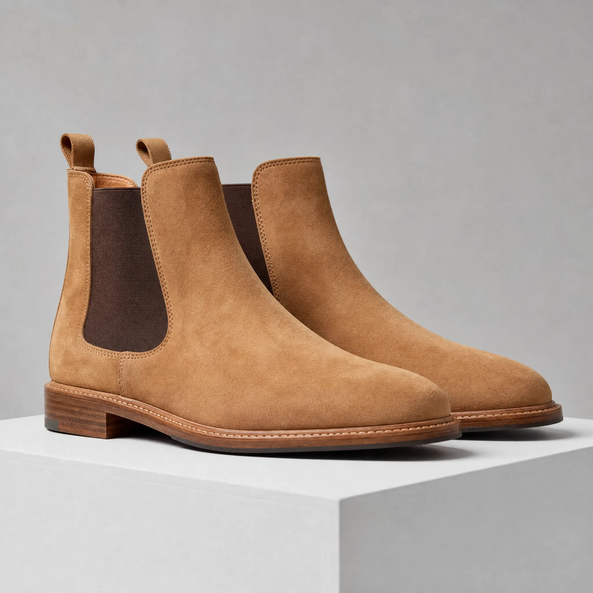 Pair of tan suede chelsea boots on a white plinth against a light-grey studio backdrop