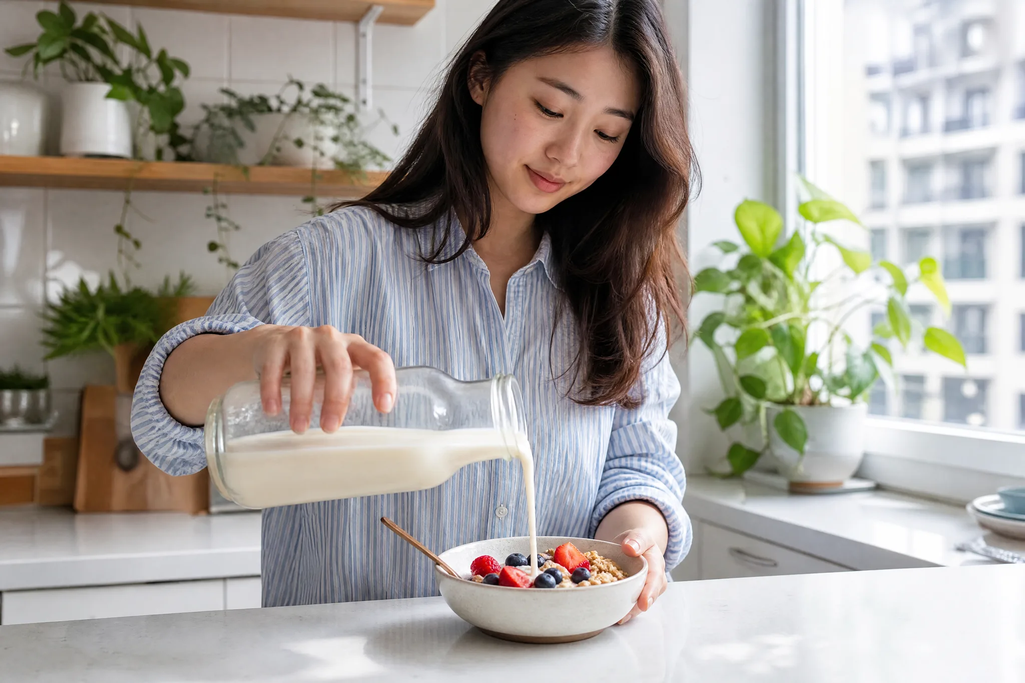 Woman pouring oat milk from a glass bottle into a bowl of granola at a bright white kitchen counter