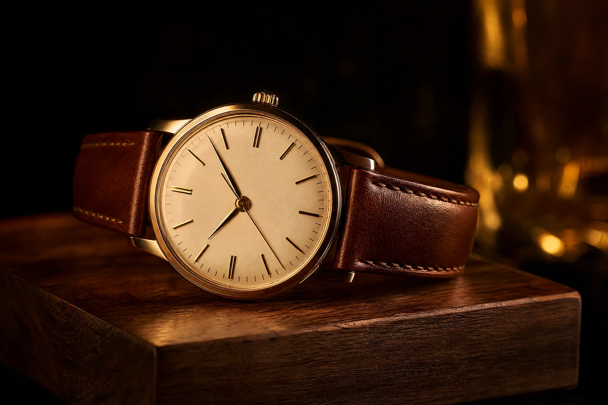 Wristwatch with a cognac leather strap on a walnut block under dramatic warm light