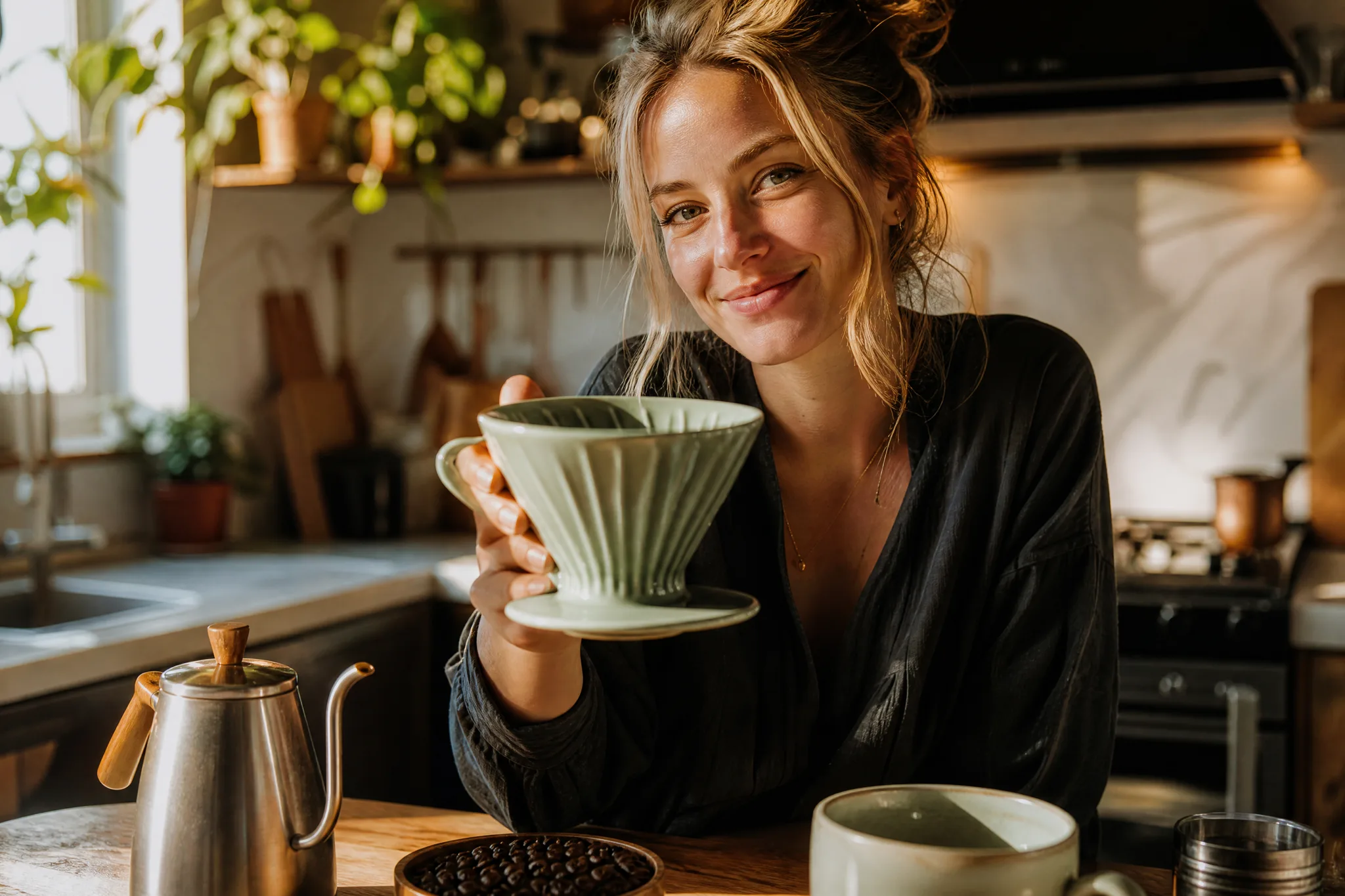 A young white European woman creator in a sunlit kitchen holding a sage-green ceramic pour-over coffee dripper up