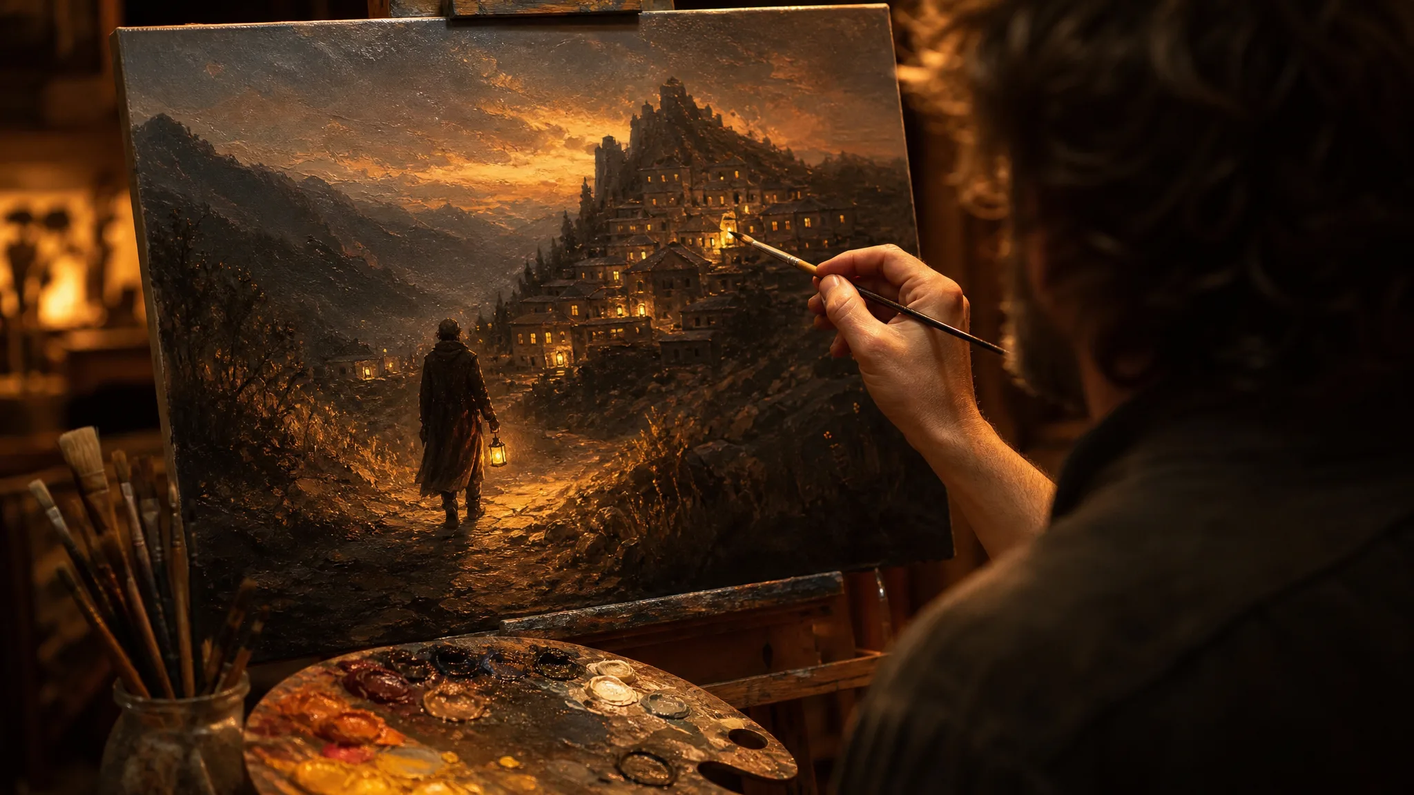 Painter adding highlights to an oil painting of a traveler approaching a mountain village