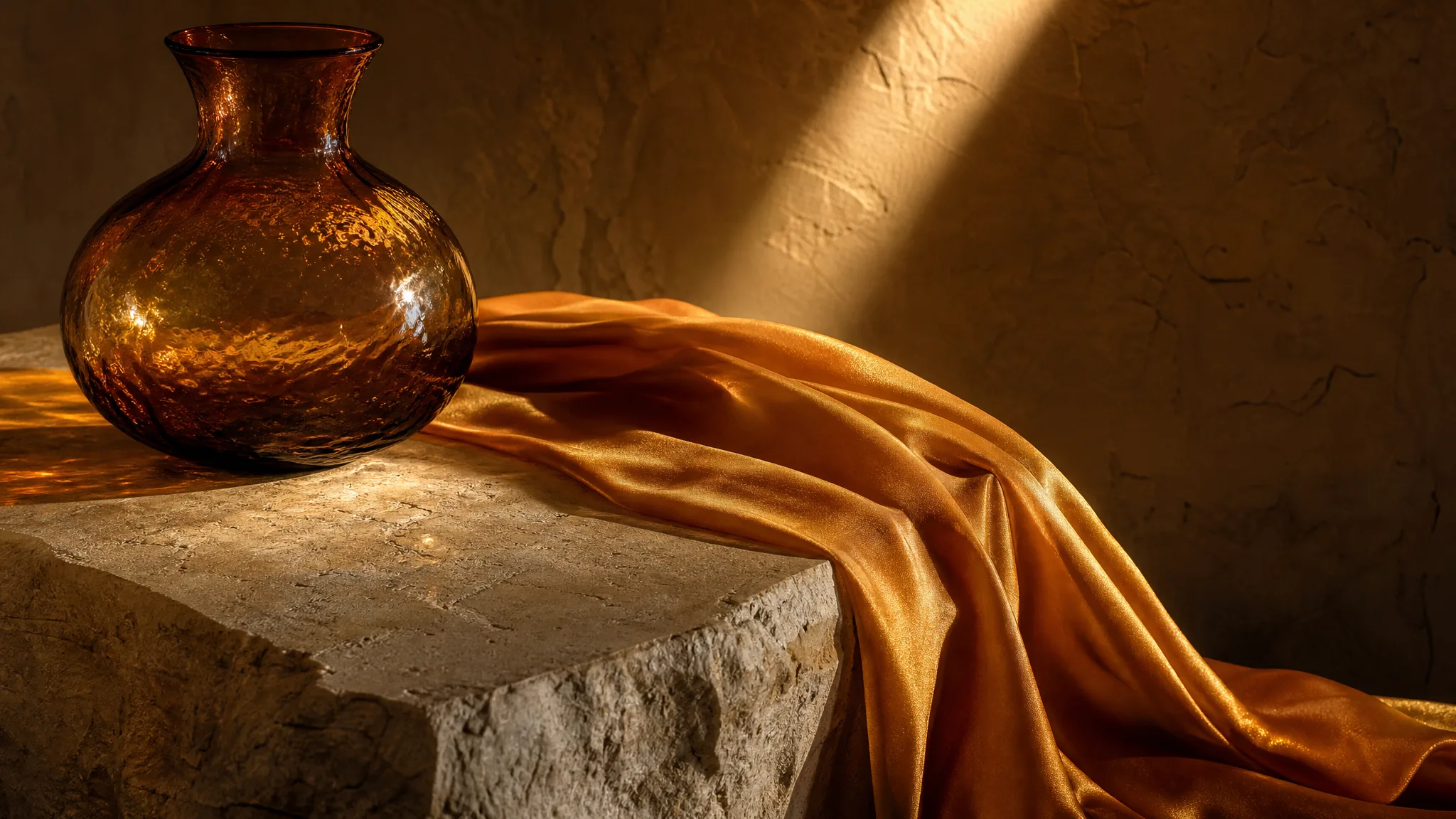 Saffron silk scarf over a marble block beside an amber glass vase in a sunbeam