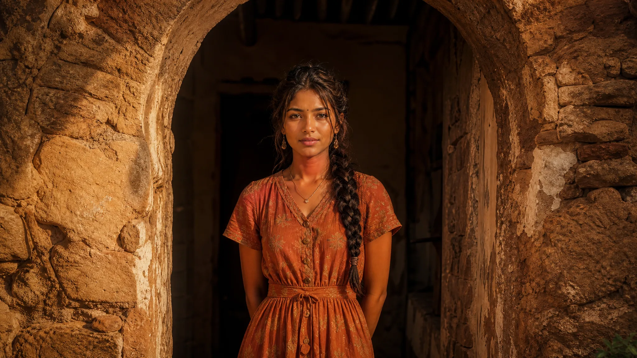 Young woman in a terracotta dress framed by an arched stone doorway