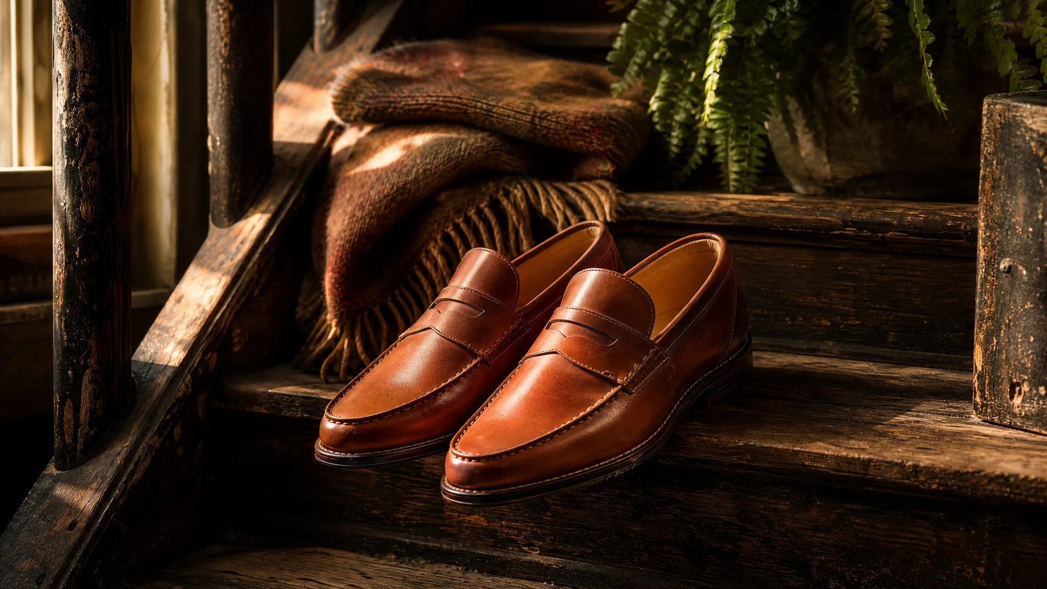 Pair of cognac leather loafers on a worn wooden staircase in morning light