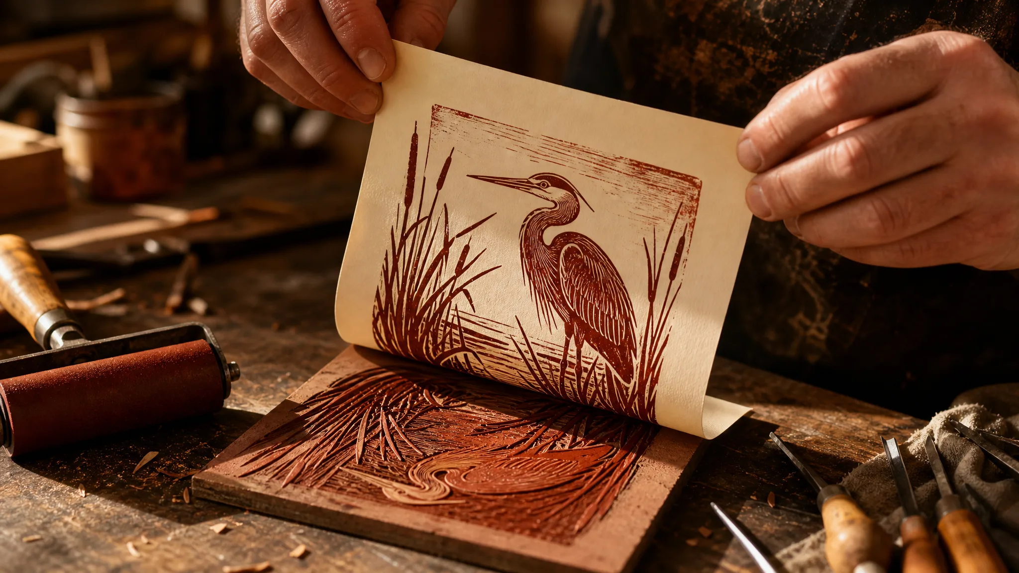 Hands peeling a rust-red linocut print of a heron from a carved block