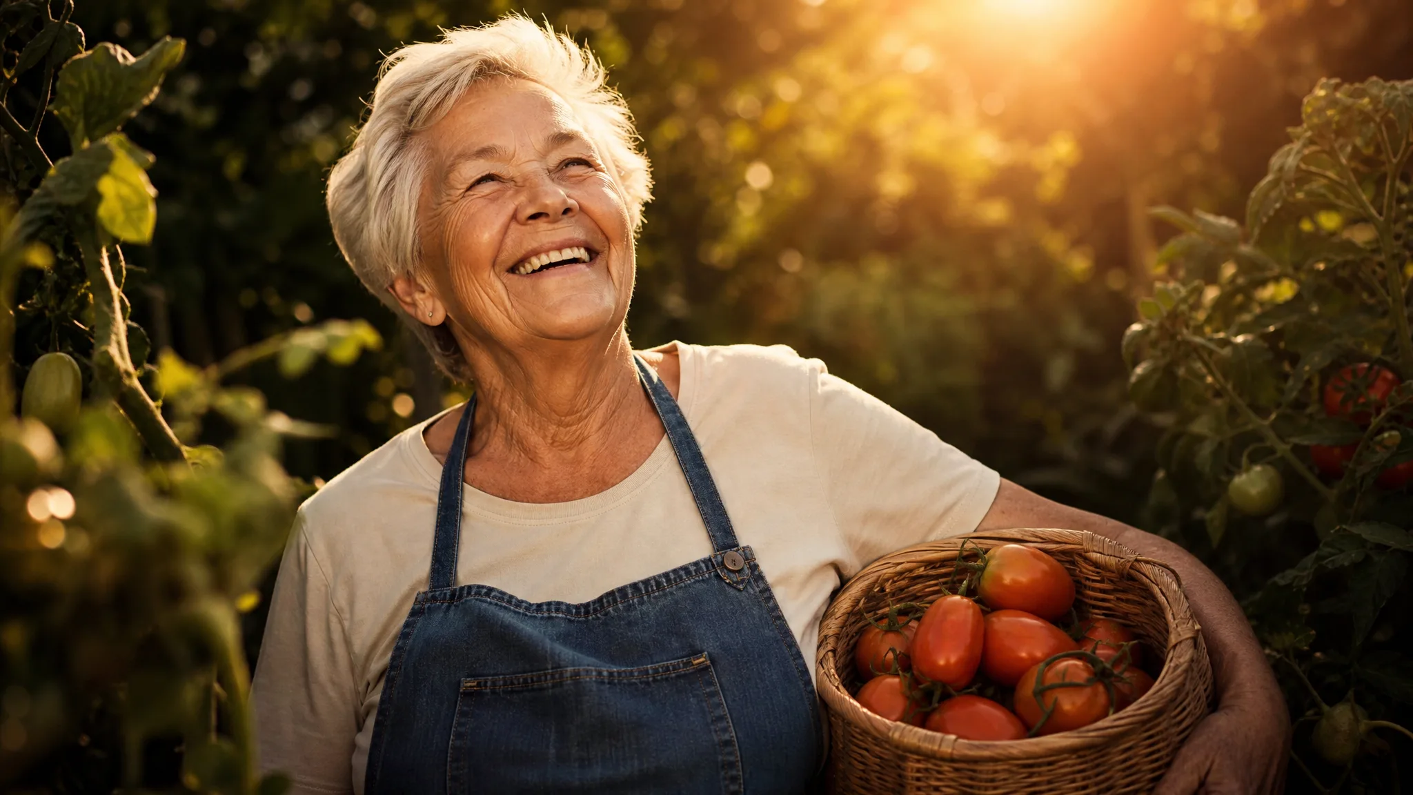 White-haired woman in a denim apron laughing in her sunlit vegetable garden with a basket of tomatoes