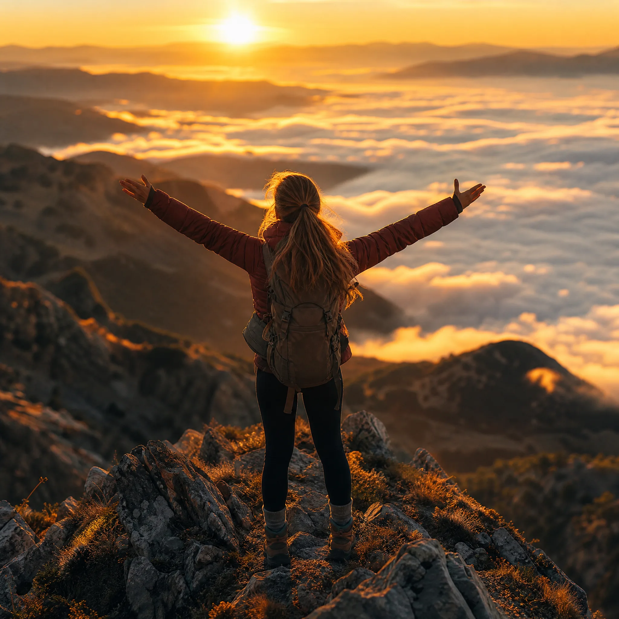 Woman hiker on a mountain ridge at sunrise with arms open above a sea of clouds