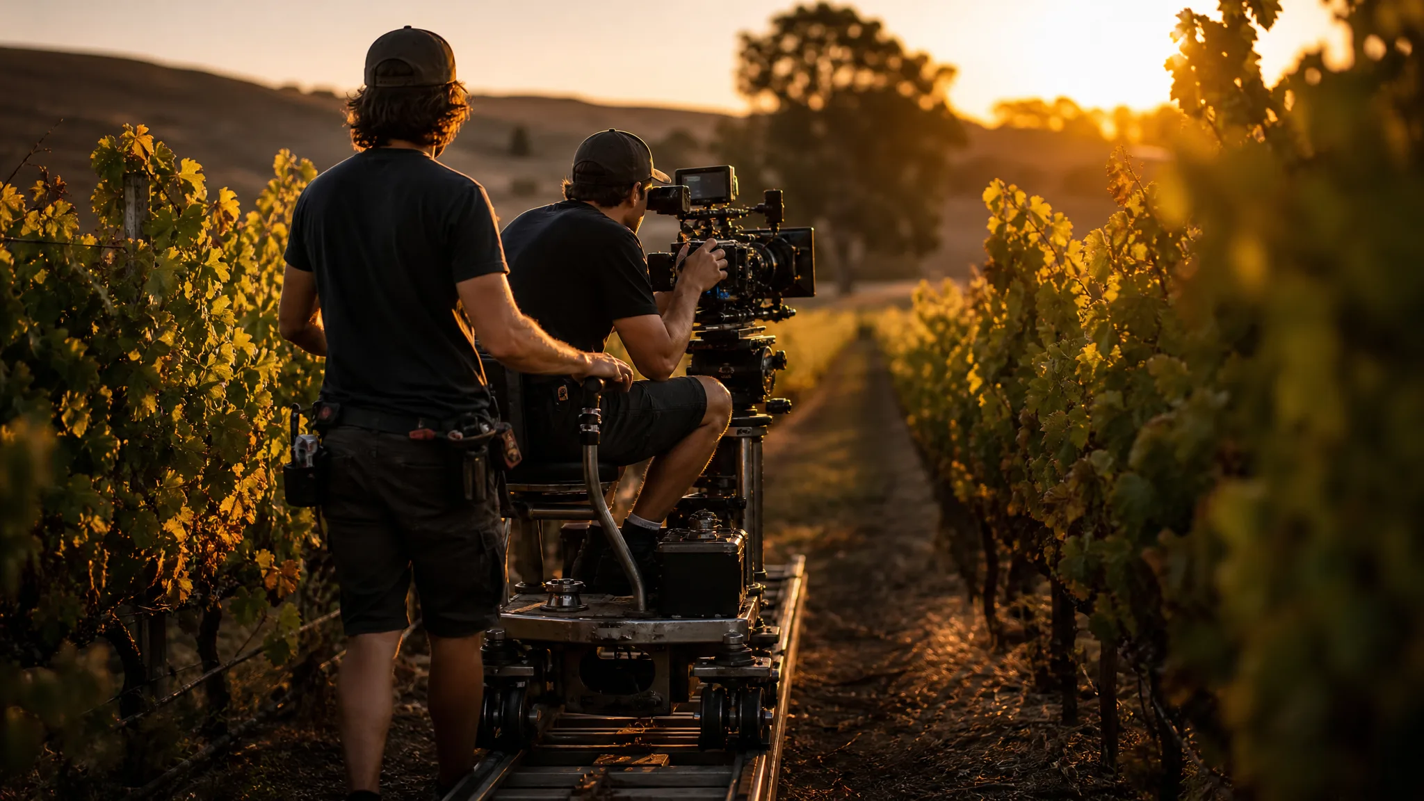 Cinematographer on a camera dolly filming between vineyard rows at golden hour
