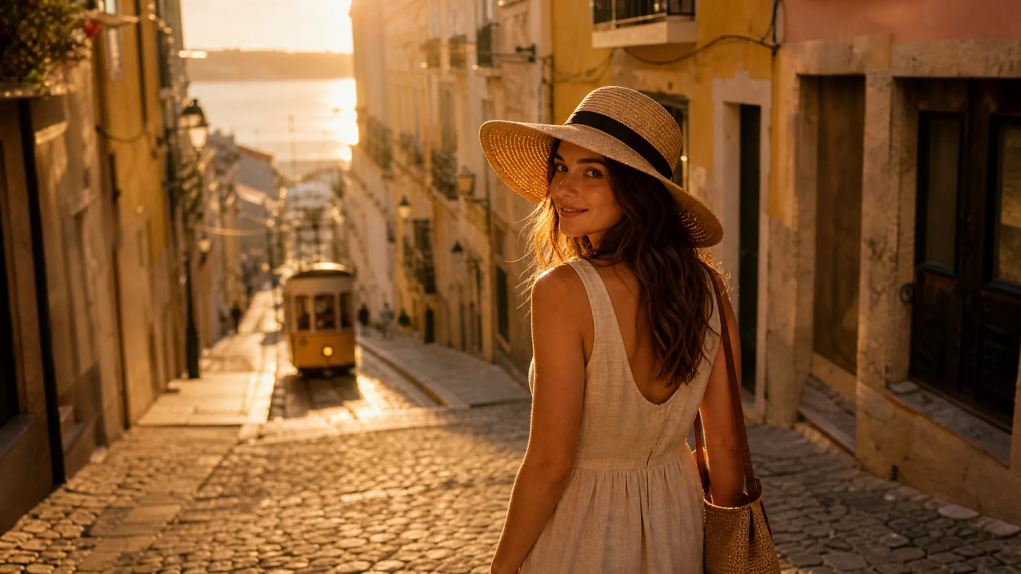 Woman in a straw sun hat smiling over her shoulder on a cobbled Lisbon street at golden hour