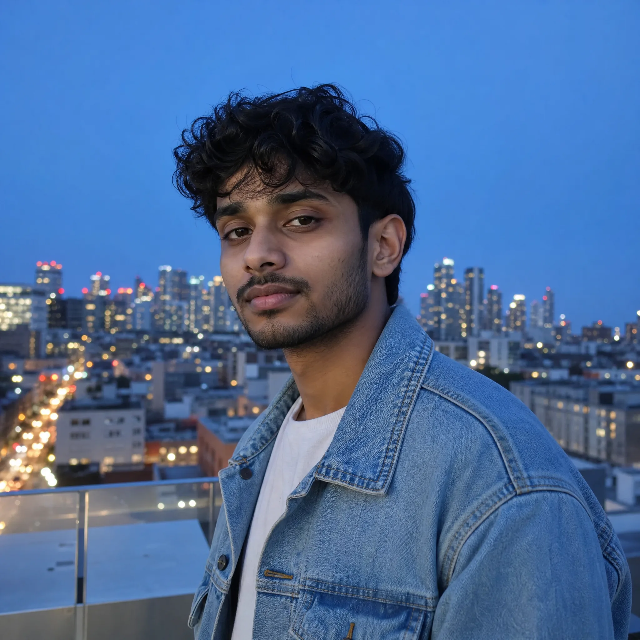 A young man of South Asian descent with short curly hair and a denim jacket standing on a city rooftop terrace at blue