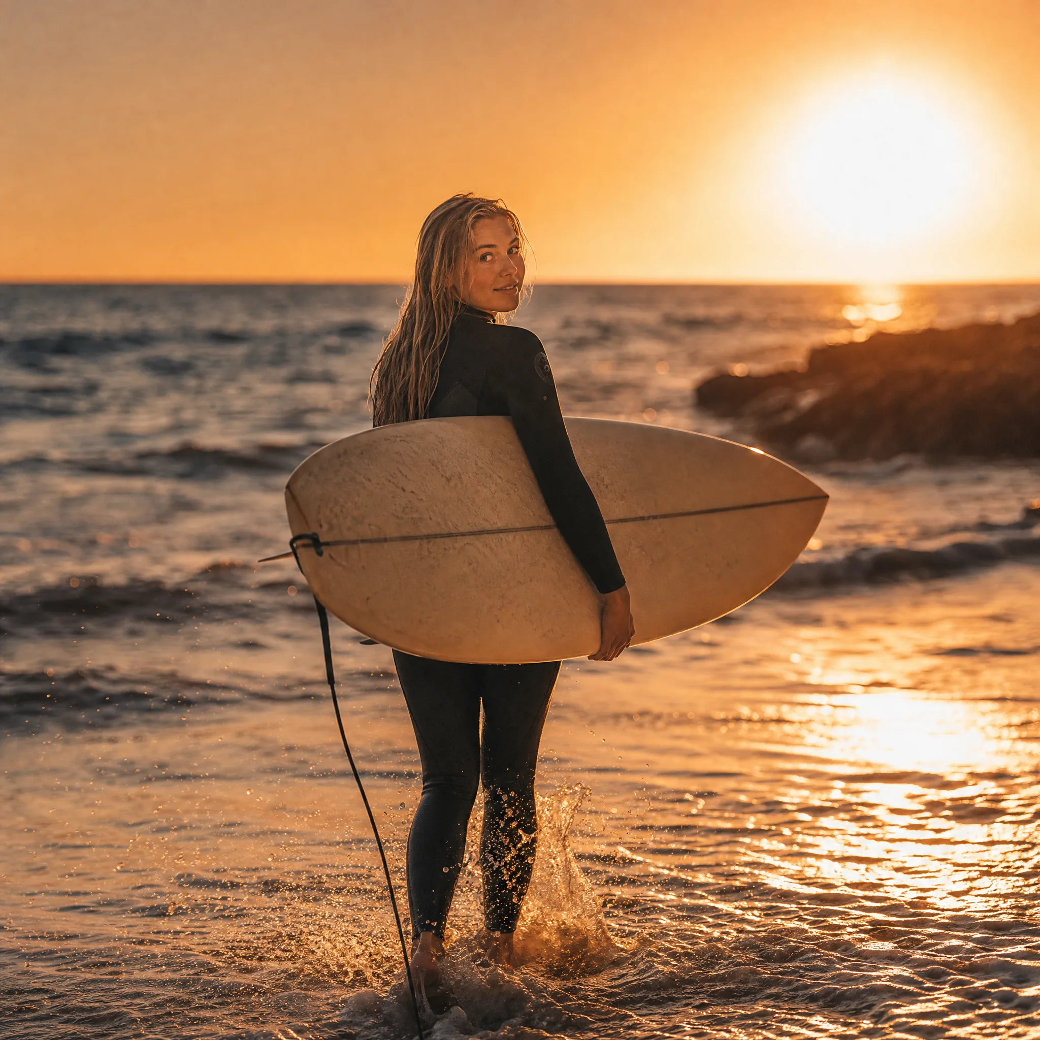 Surfer in a black wetsuit carrying a longboard into the waves and glancing back at sunset