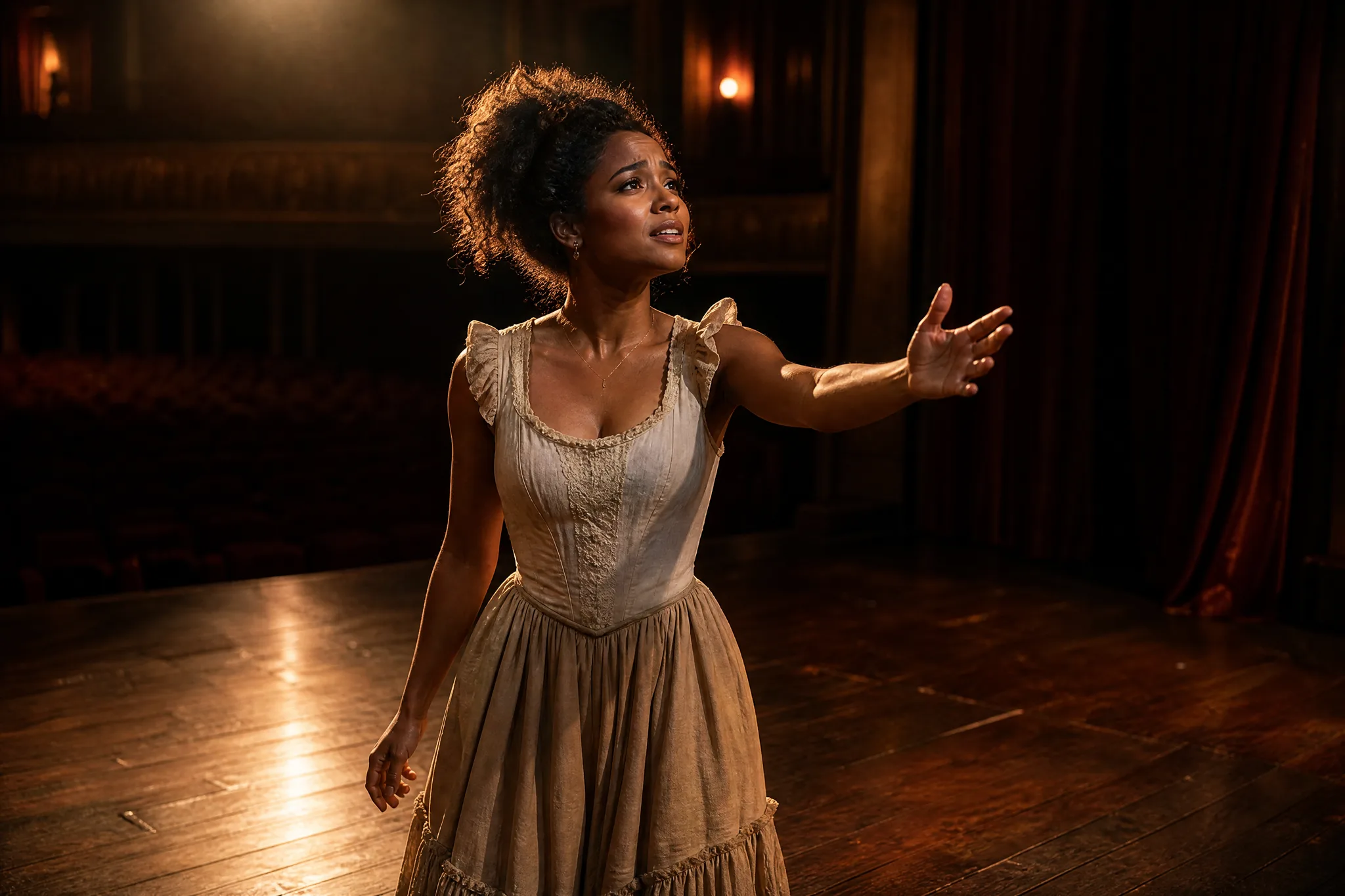 A young Black actress on a dim wooden theatre stage under a single warm spotlight, captured mid-performance with one