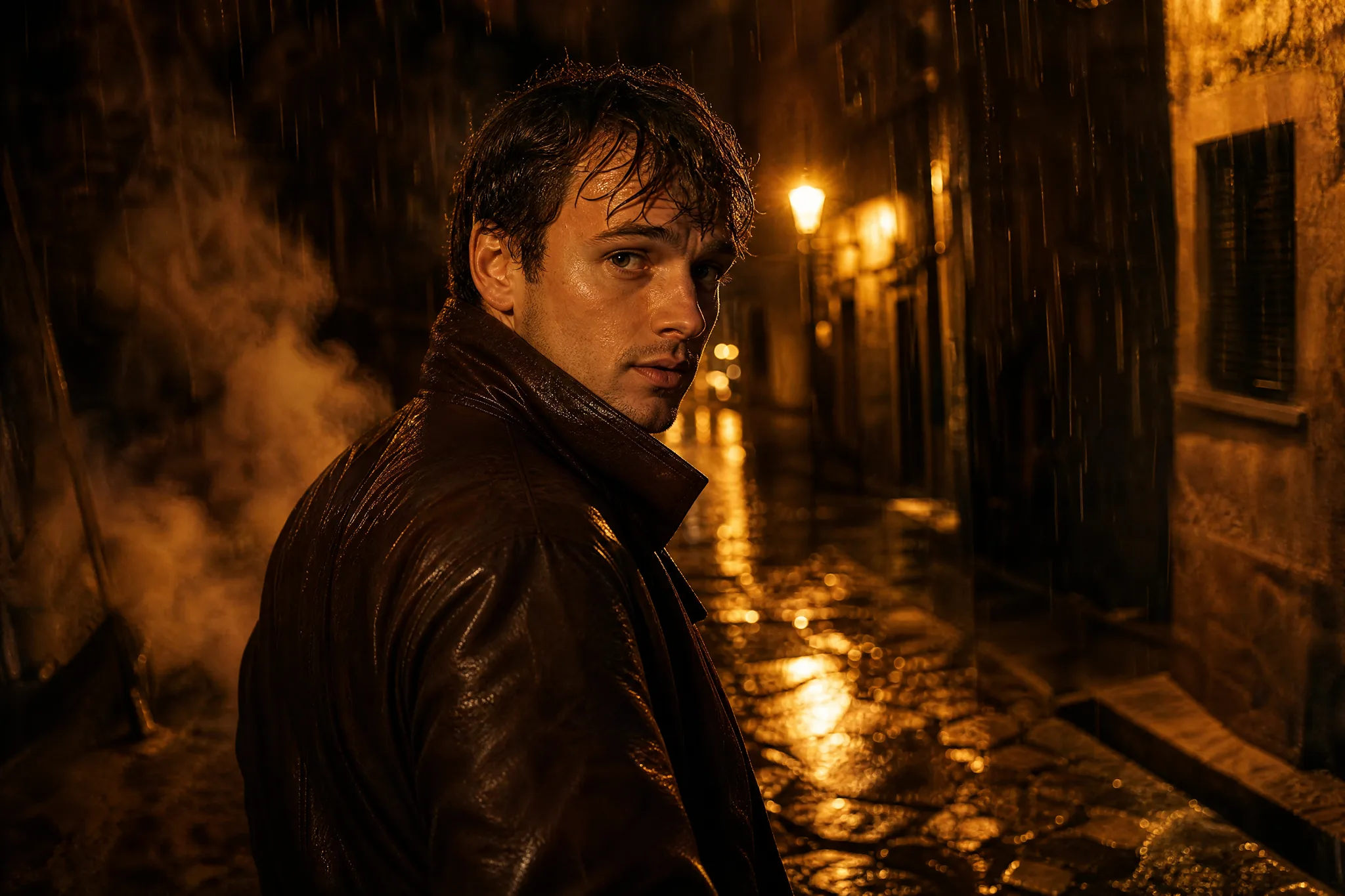 Man in a brown leather jacket turning toward the camera in a rain-soaked alley lit by warm lamps