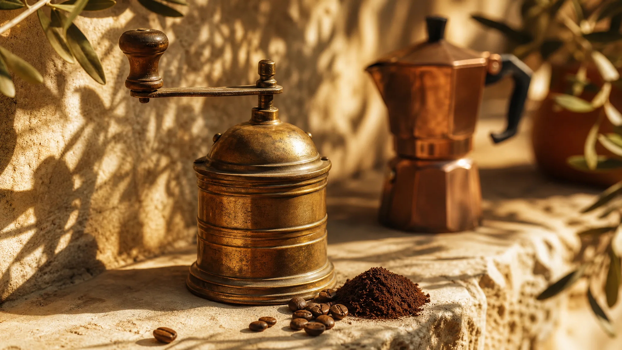 Vintage brass coffee grinder on a sunlit limestone ledge with olive-branch shadows