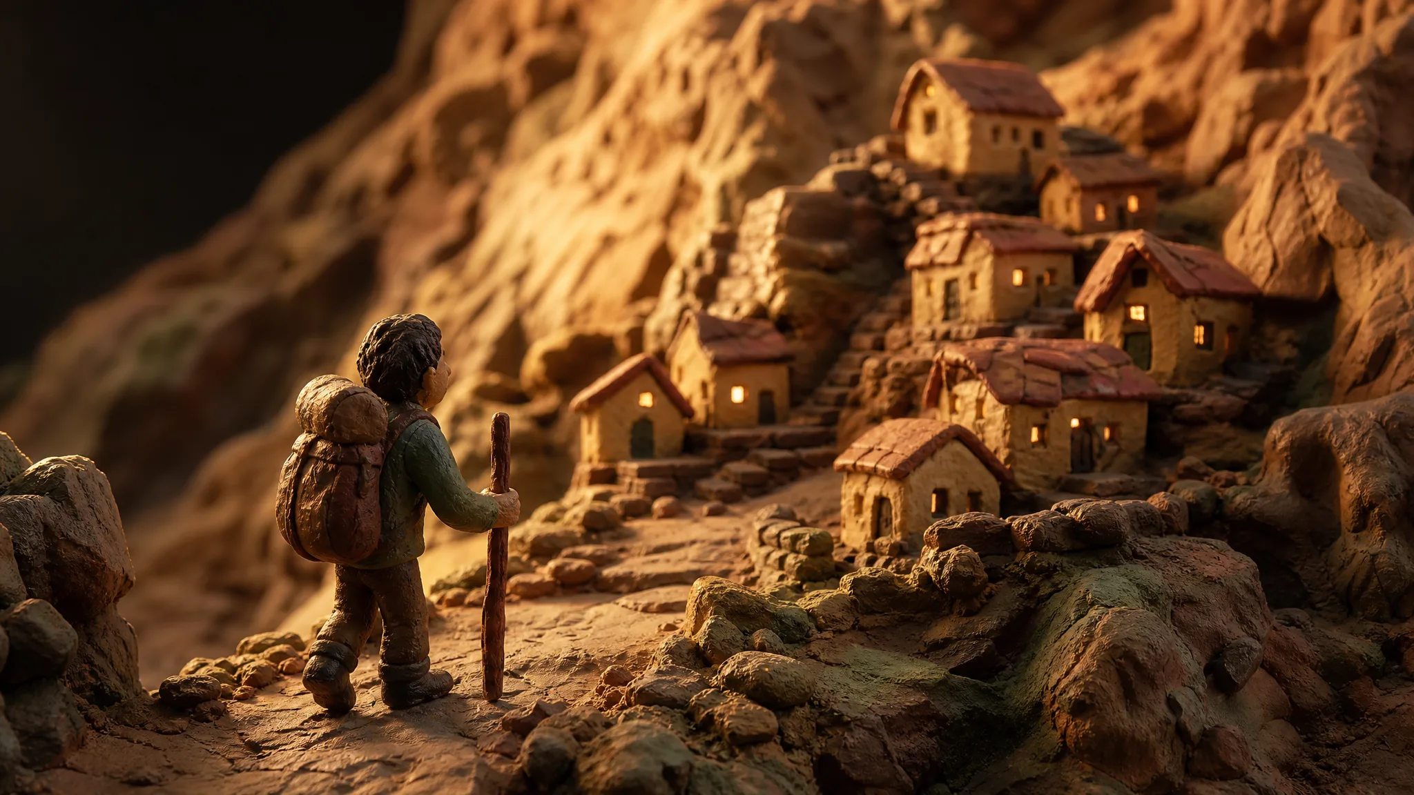 Plasticine miniature of a clay traveler approaching a tiny mountain village