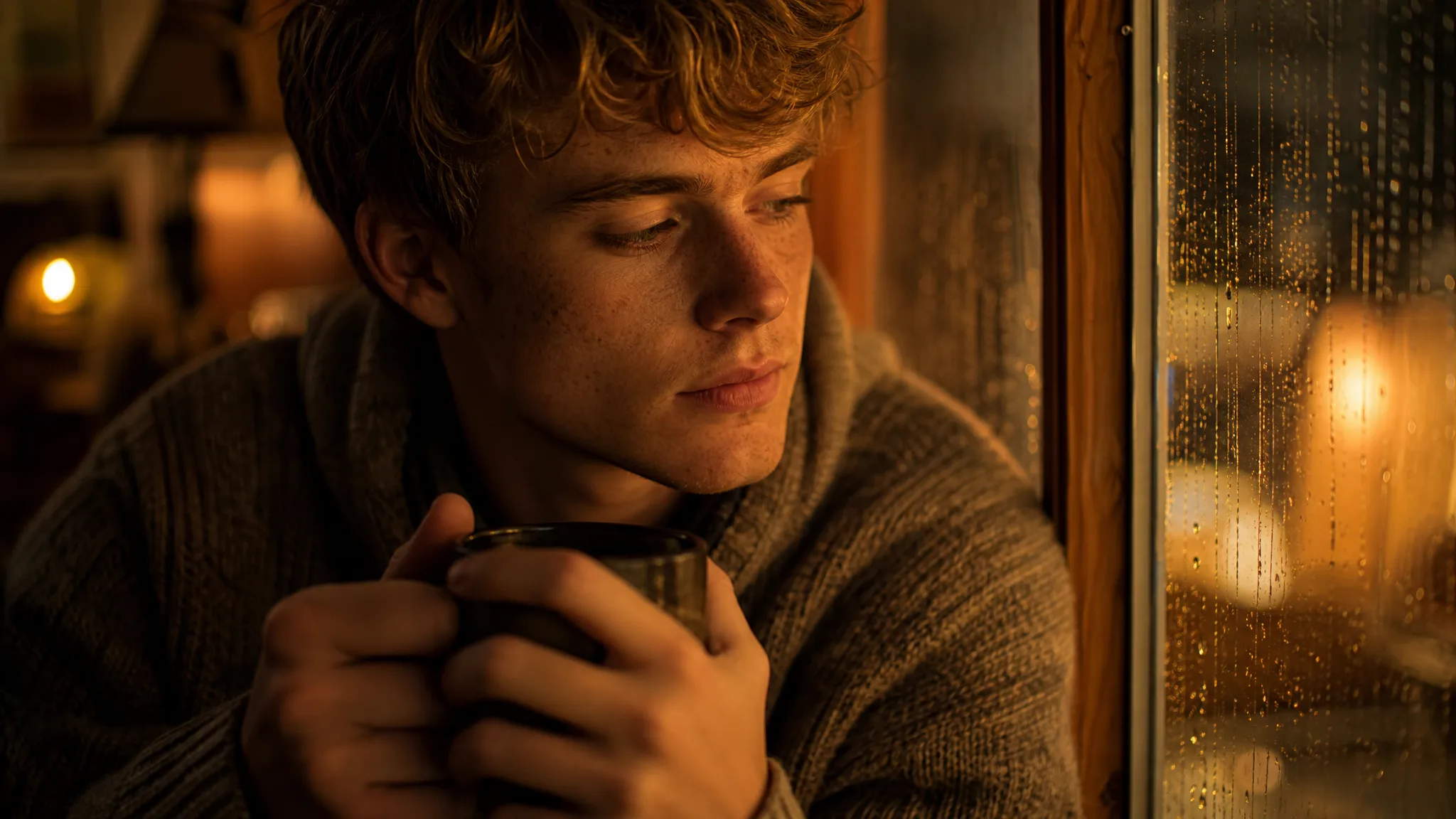 Freckled young man by a rain-streaked window in warm lamp light holding a mug