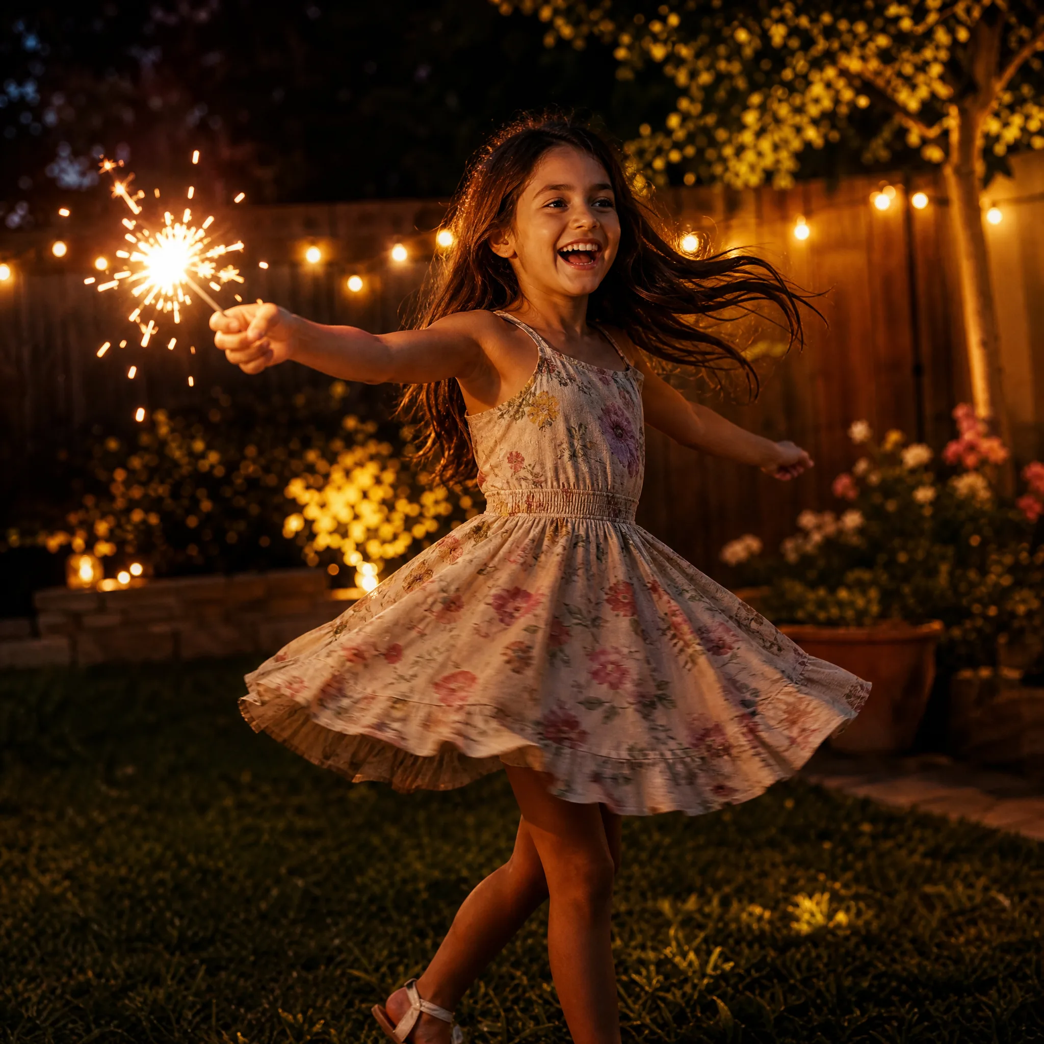 Laughing girl twirling a sparkler in a backyard at dusk