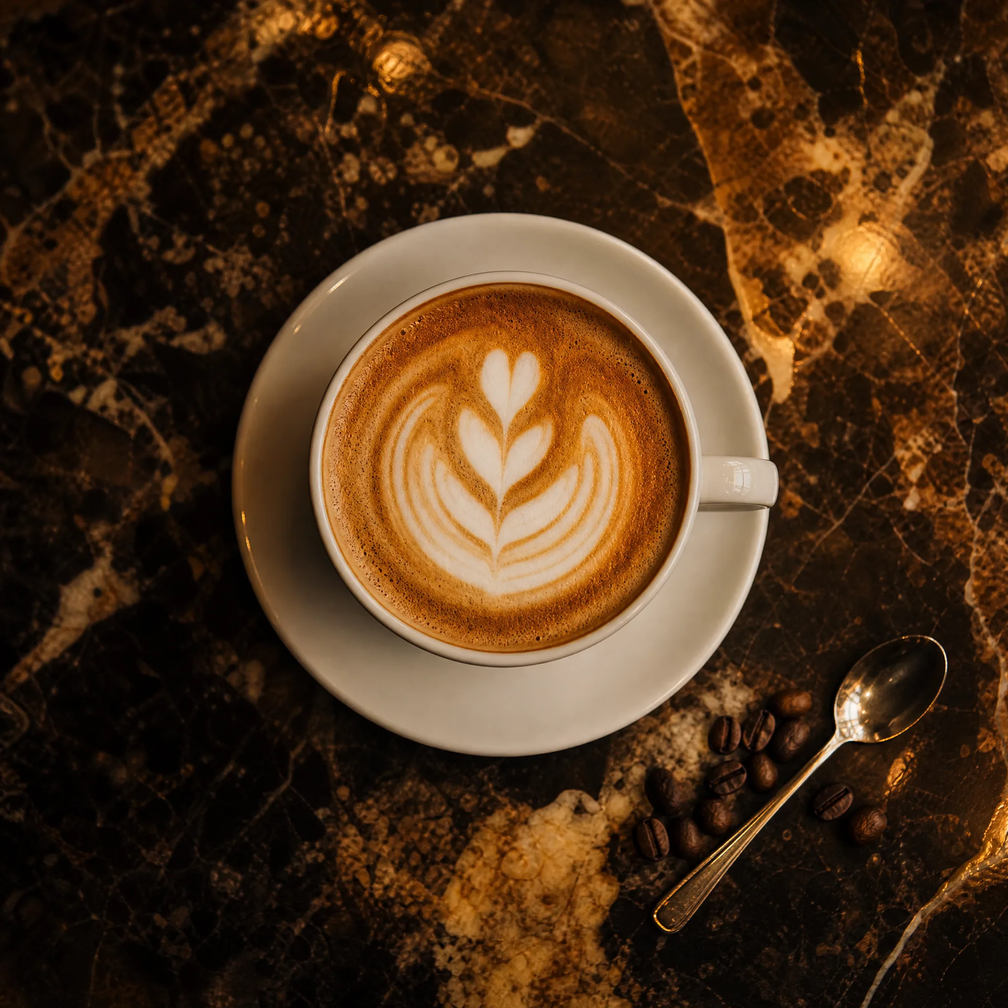 Overhead cappuccino with leaf latte art on a dark veined marble café table with open margins