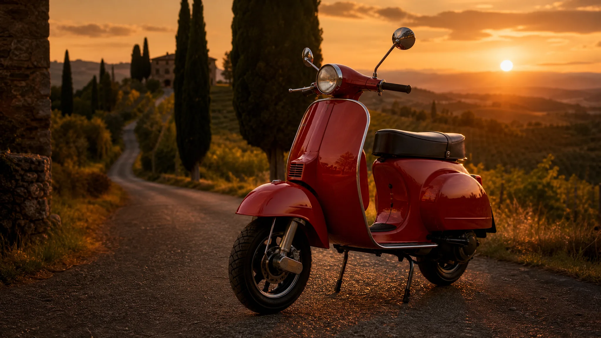 Cherry-red vintage scooter parked on a cypress-lined Tuscan hill road at sunset
