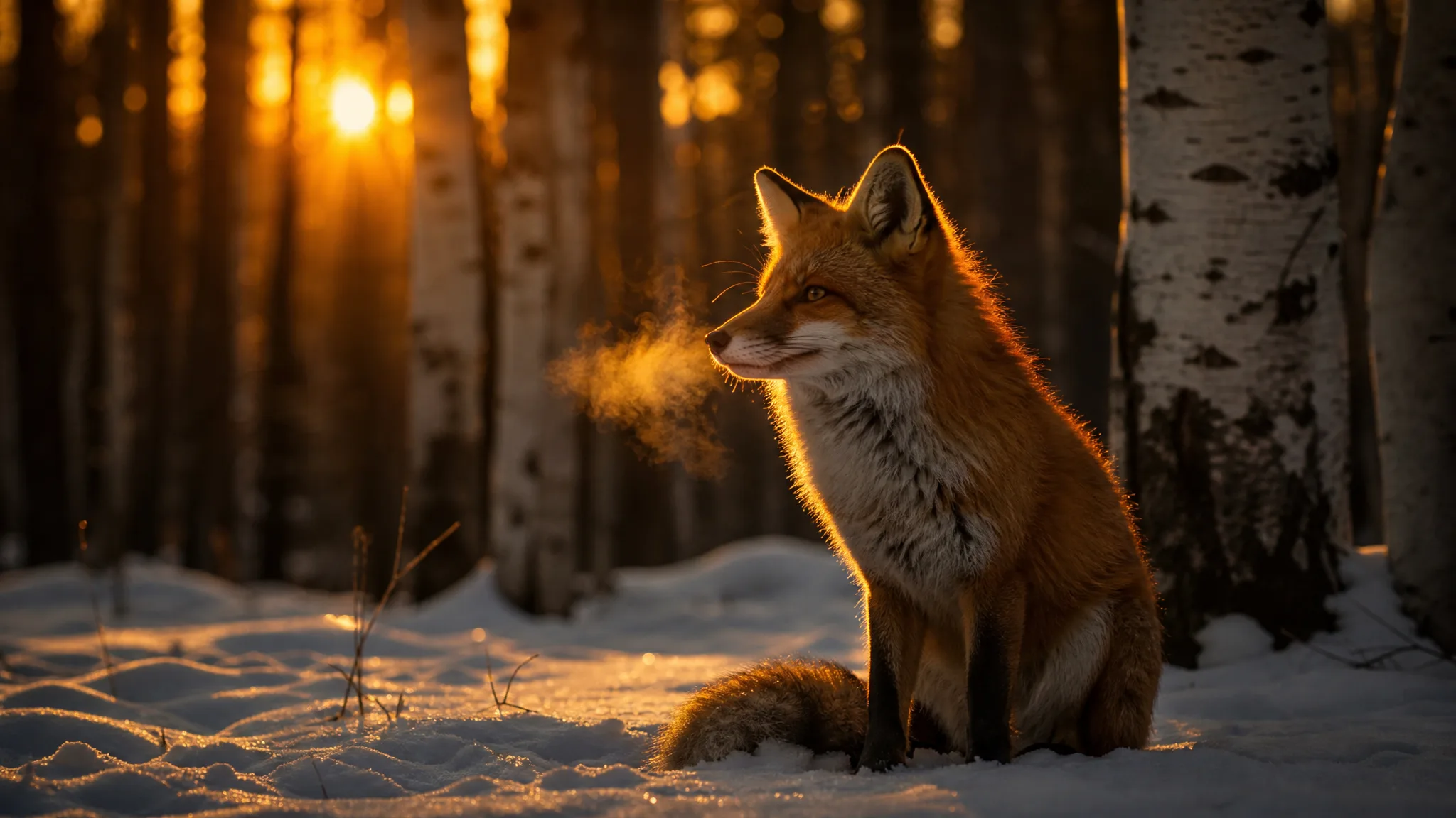 Red fox sitting in fresh snow among birch trees in warm twilight