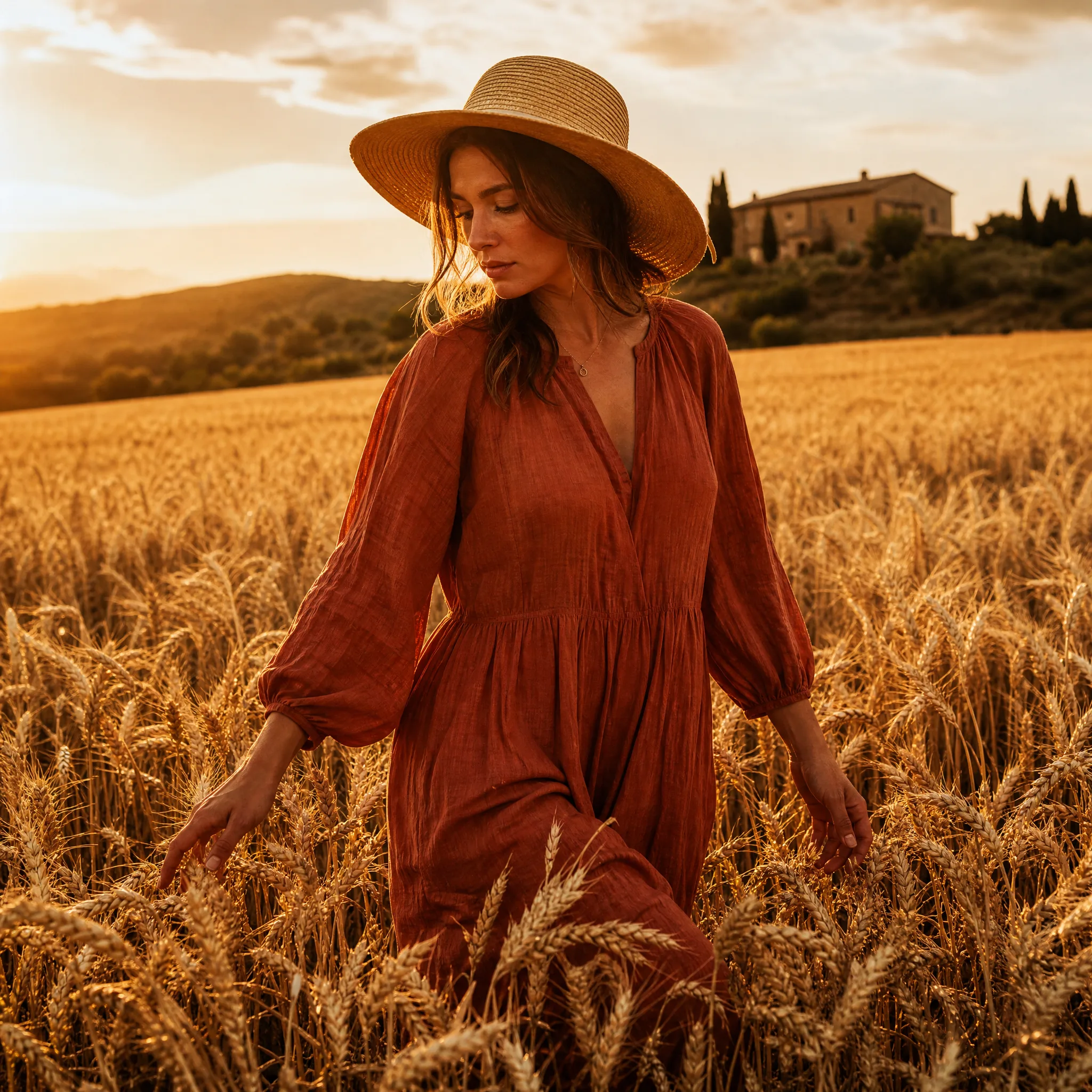 A woman in a wide-brimmed straw hat and a loose rust-coloured linen dress walks through a ripe wheat field at golden