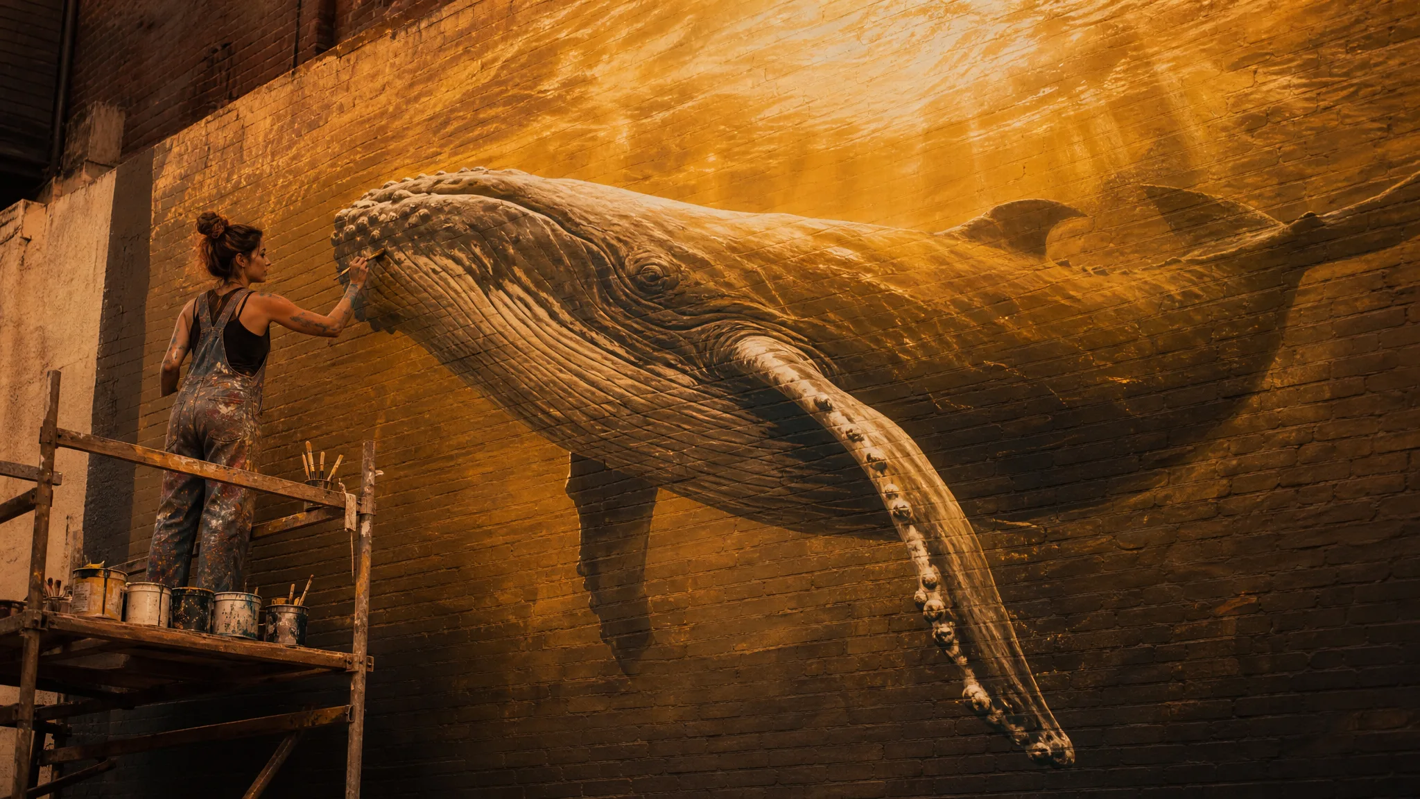 Muralist on scaffolding painting a large humpback whale mural on a sunlit courtyard wall