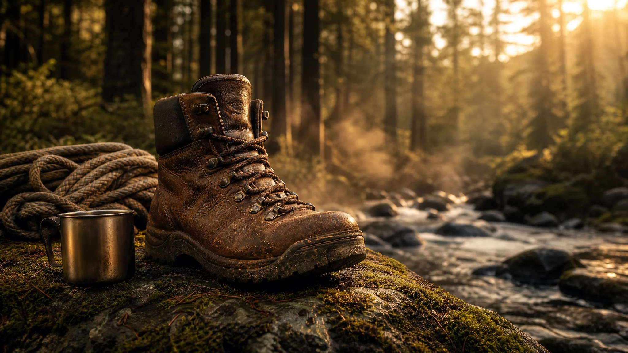 Worn leather hiking boot on a mossy rock beside a misty mountain stream