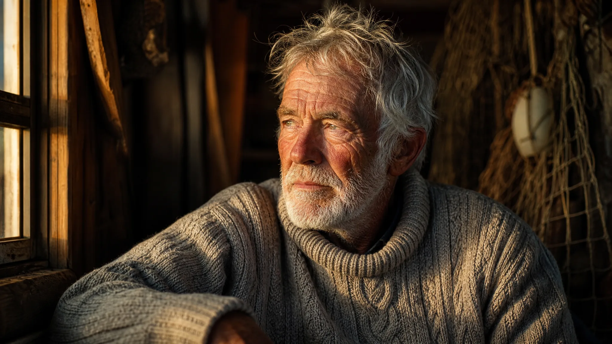 Elderly fisherman in a knit sweater lit by low window light in a wooden harbour hut