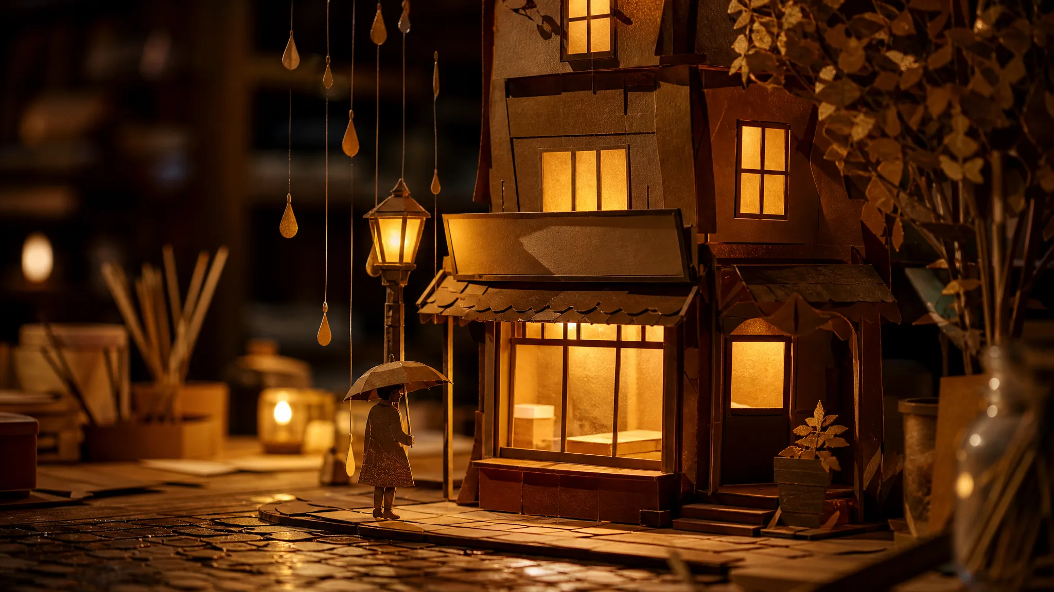 Layered paper-cut diorama of a tiny shop on a rainy street with glowing paper windows