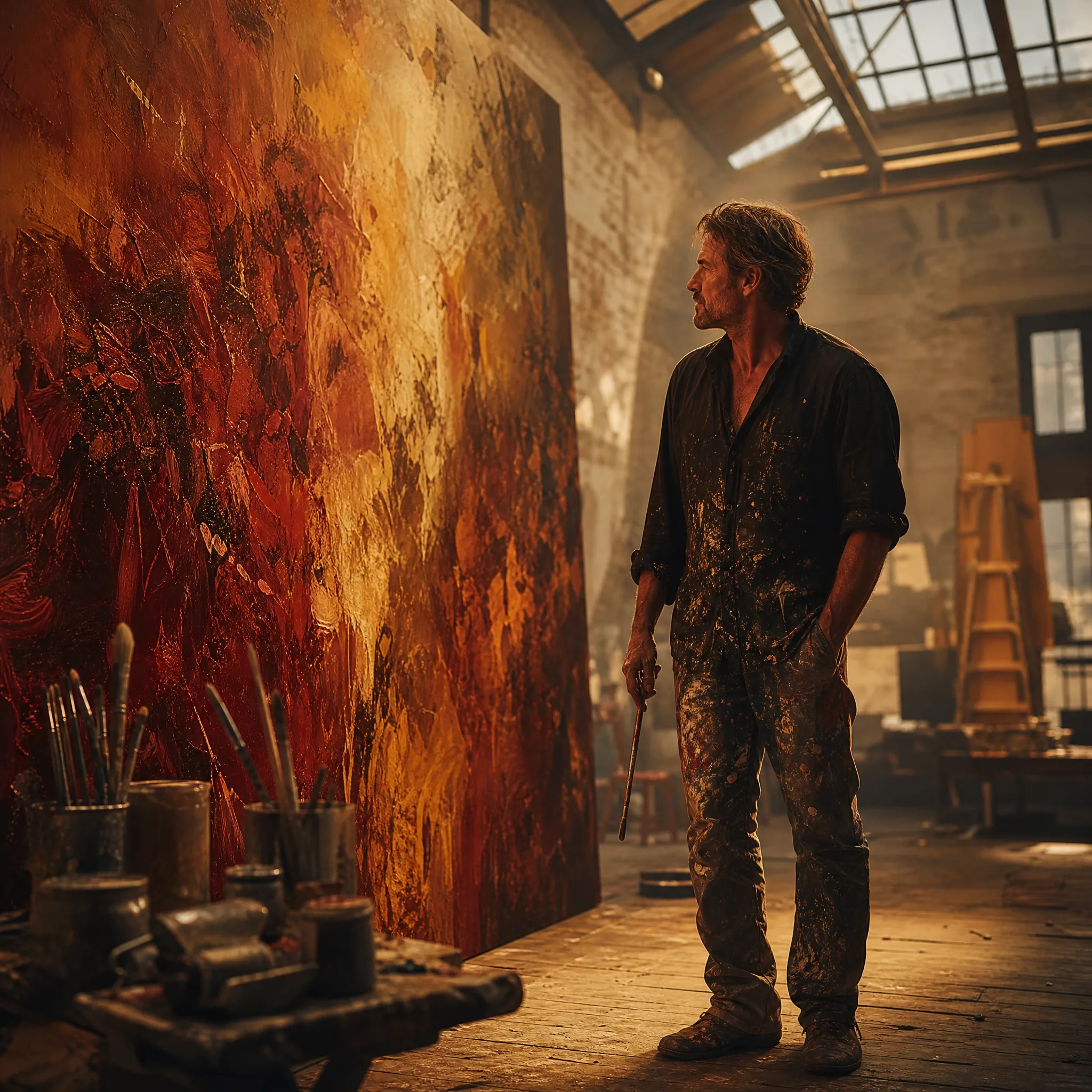 Painter stepping back to study a large warm-toned abstract canvas in a skylit studio