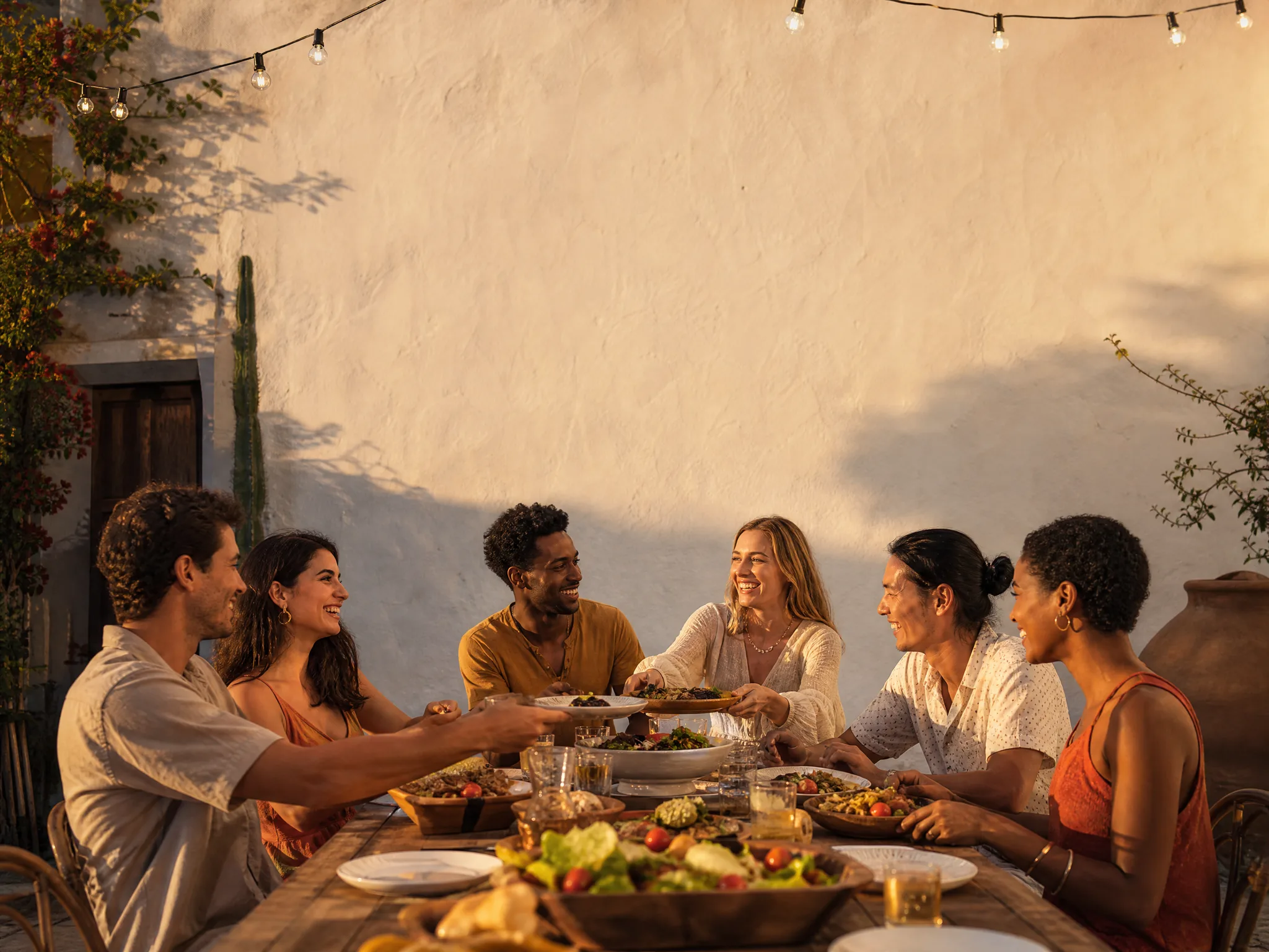 Six friends sharing dinner at a long table in a Mediterranean courtyard with a plain wall above
