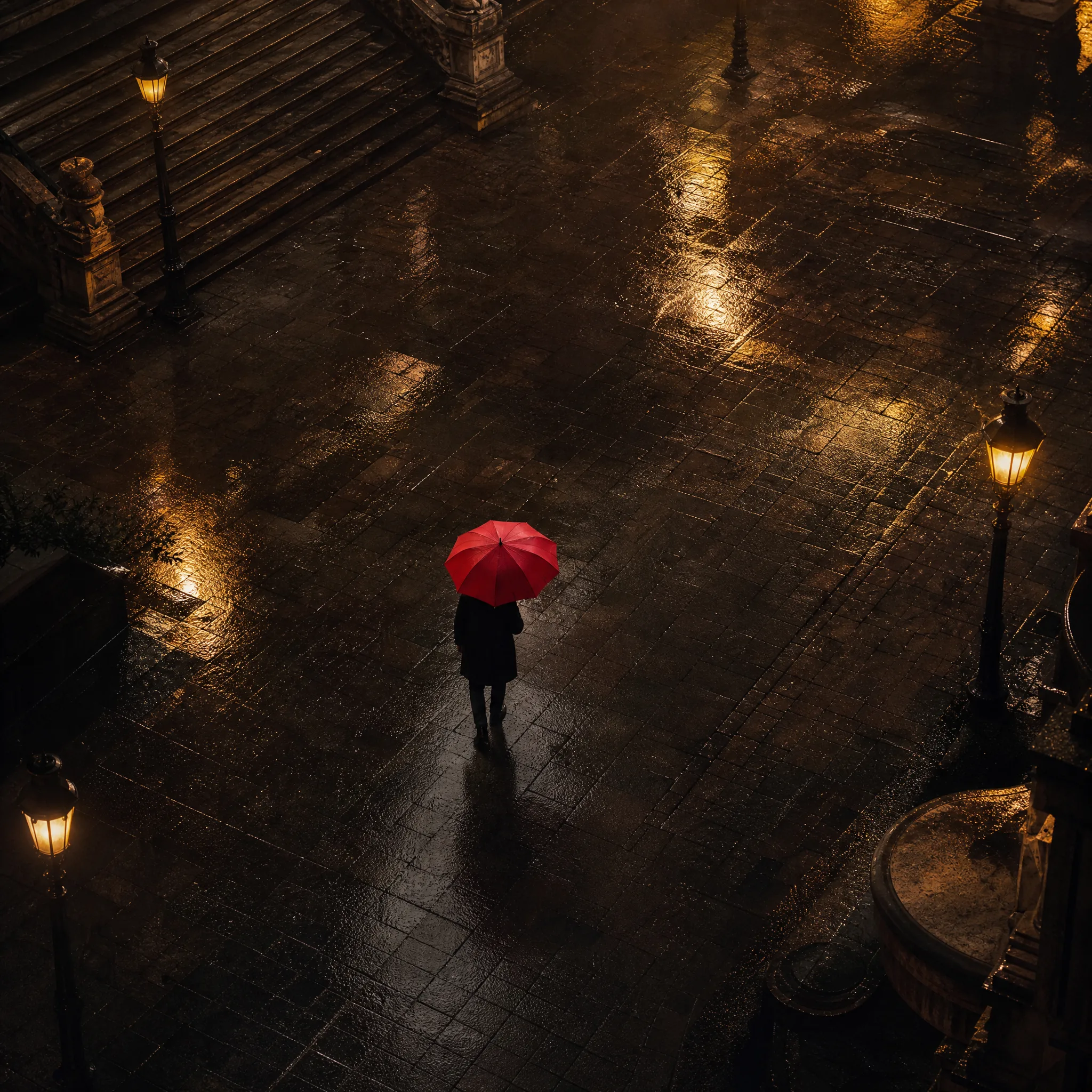 High view of a man with a red umbrella crossing an empty rain-slick stone plaza