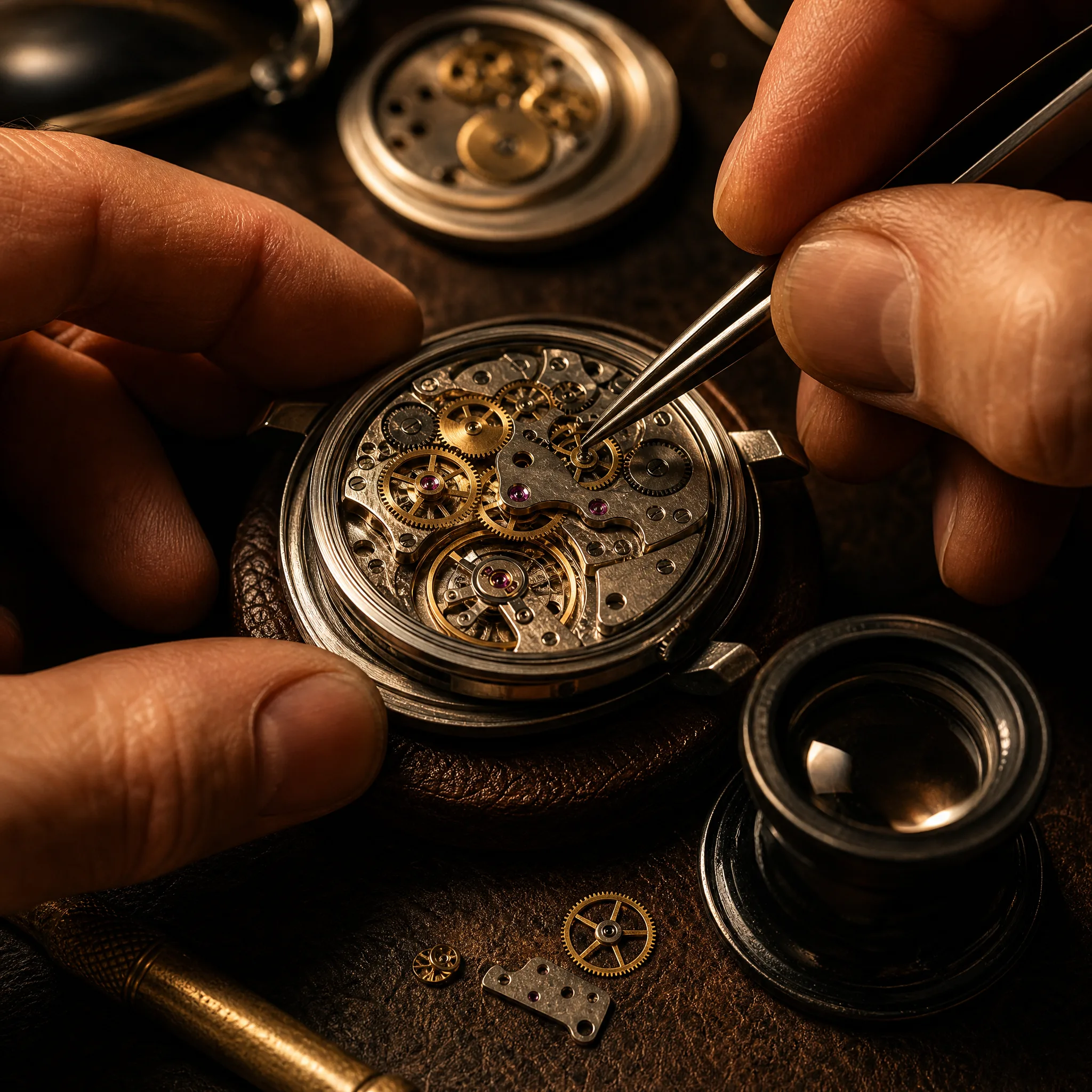 Watchmaker's tweezers working on an open mechanical watch movement with brass gears under a warm lamp