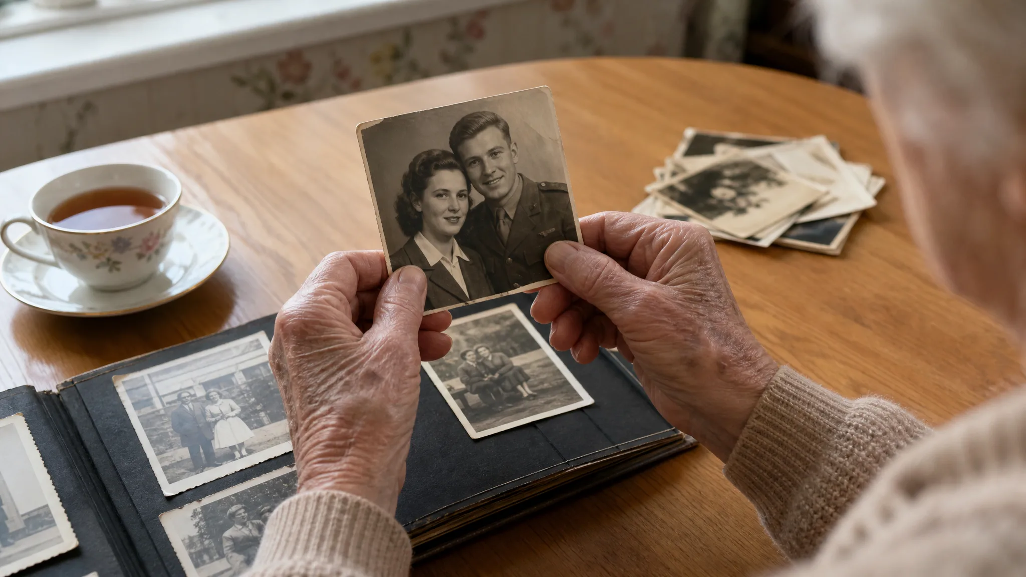 Elderly hands holding a worn black-and-white photograph of a young 1940s couple above an open family album