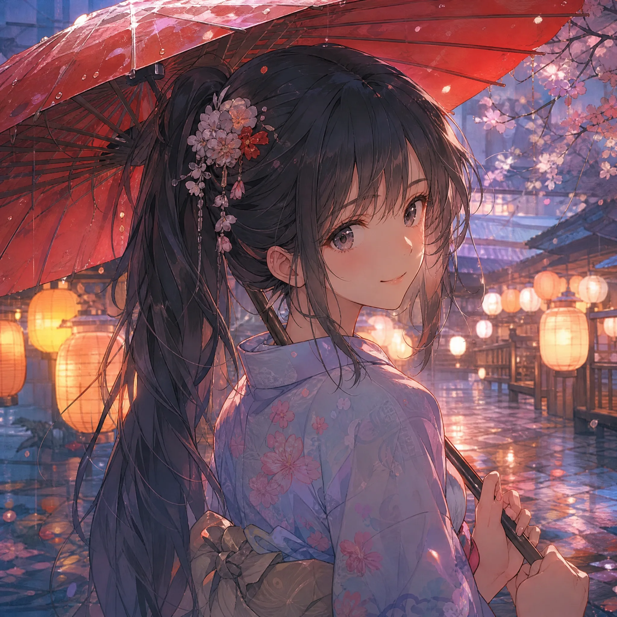 Anime girl with long dark hair and a flower hairpin smiling under a red umbrella beside glowing lanterns in the evening rain