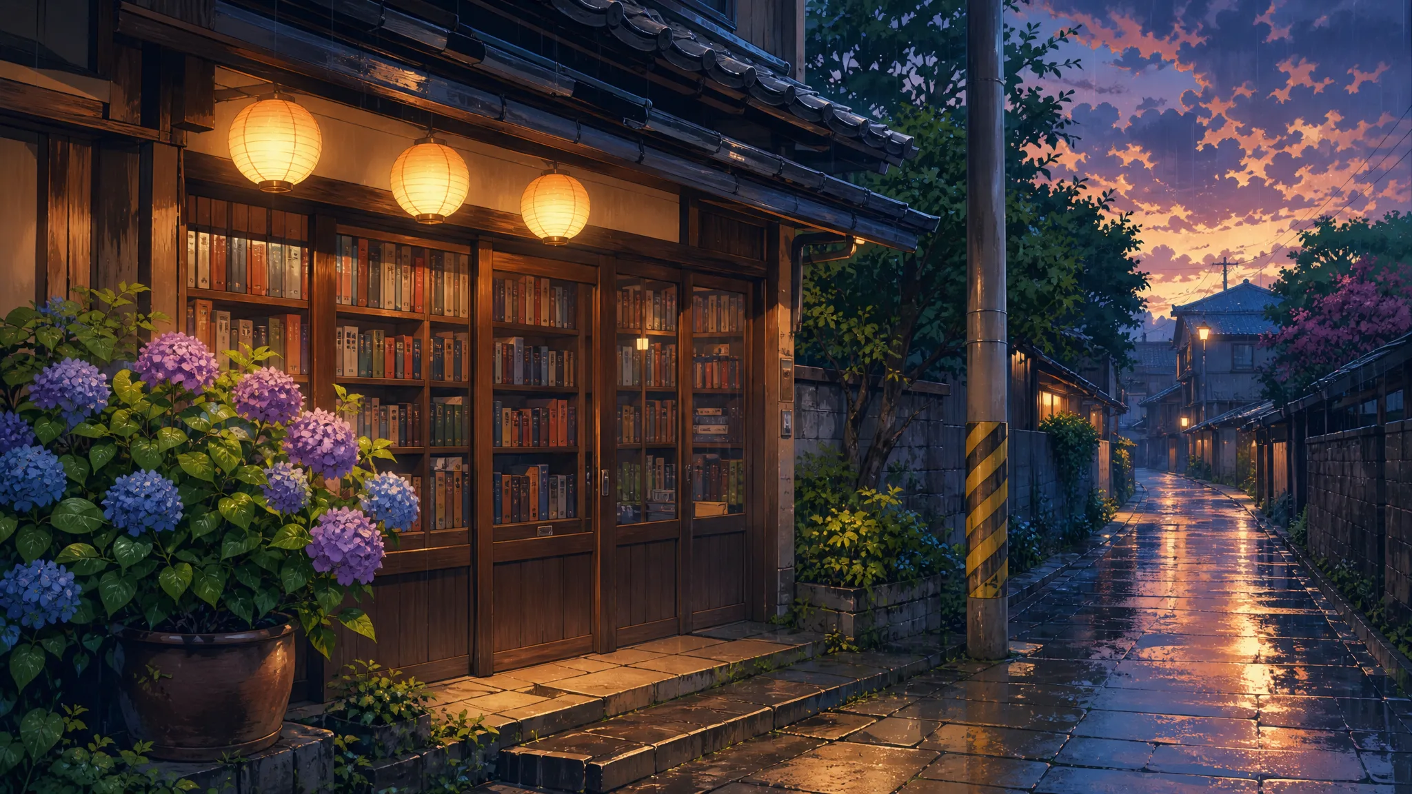 AI Anime Video Generator: The Rainy Bookshop Street Hand-painted anime wooden bookshop with glowing paper lanterns, wet stone pavement and purple and blue hydrangeas in the rain