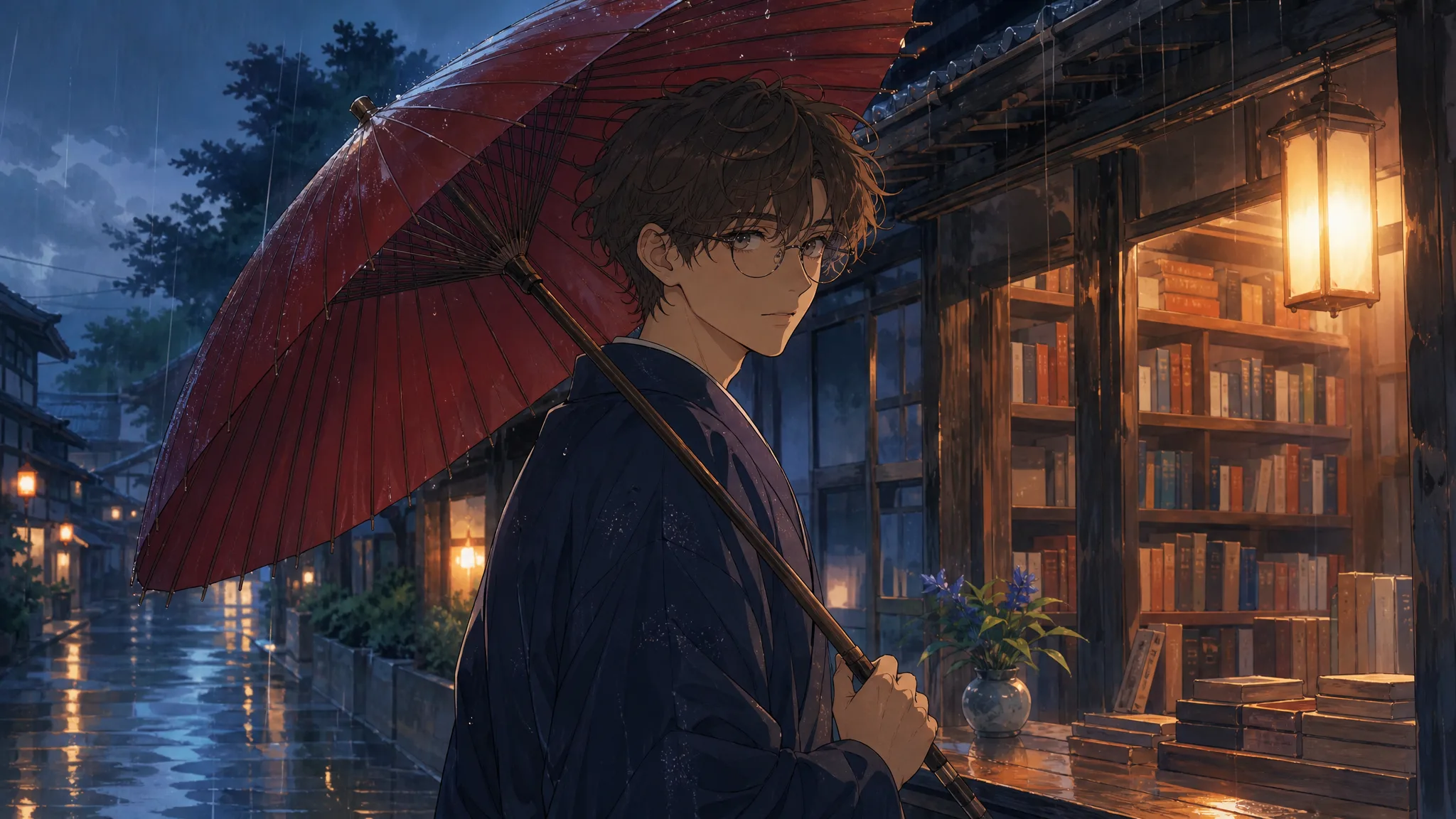 Anime AI Image to Video: Redrawn as an Anime Character Anime-style young man with round glasses and wavy brown hair holding a red umbrella on a rainy lantern-lit street