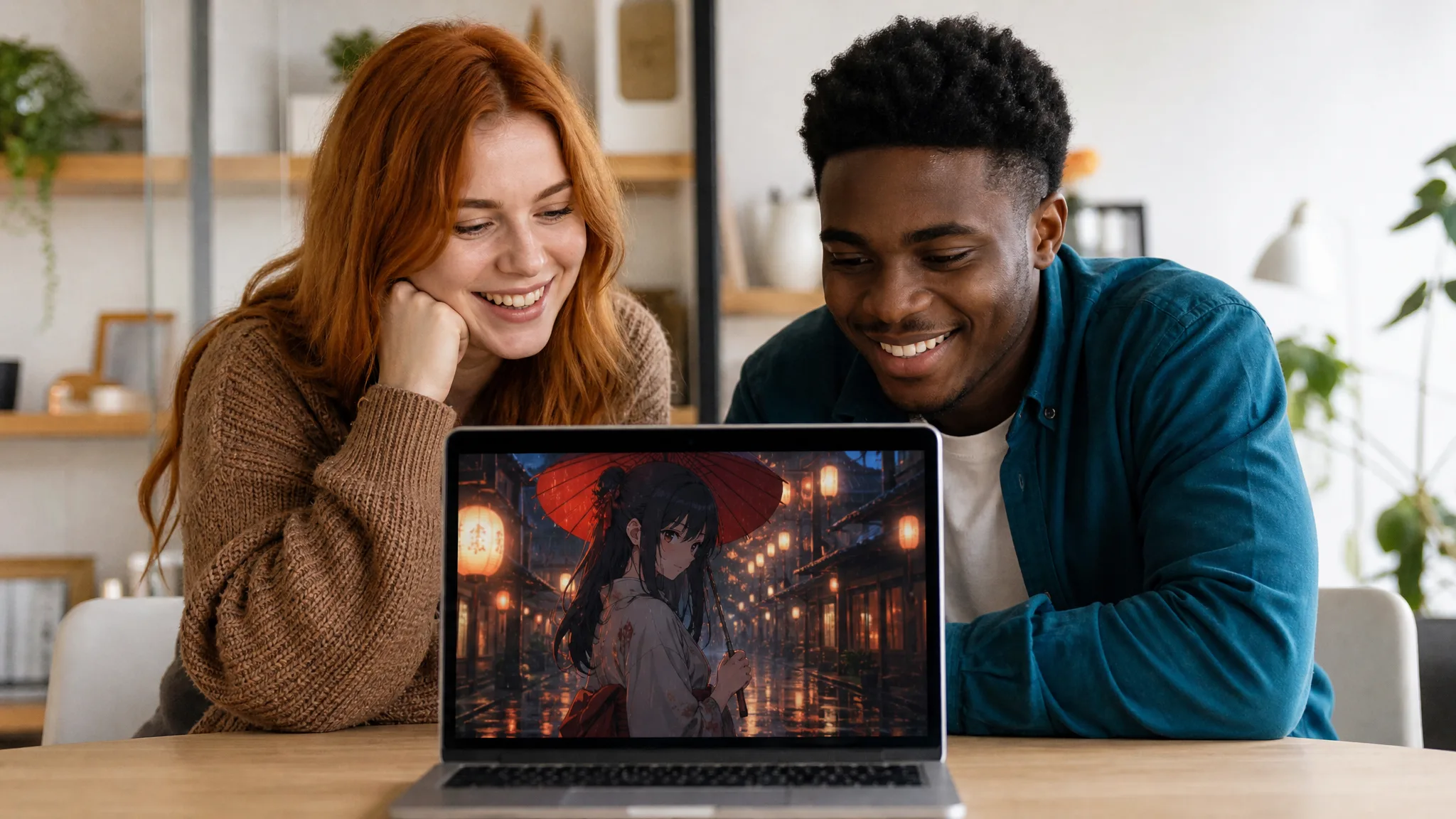 Anime-Image to Video AI: A Clip to Share Two friends at a desk smiling at a laptop that shows an anime woman with a red umbrella on a rainy street
