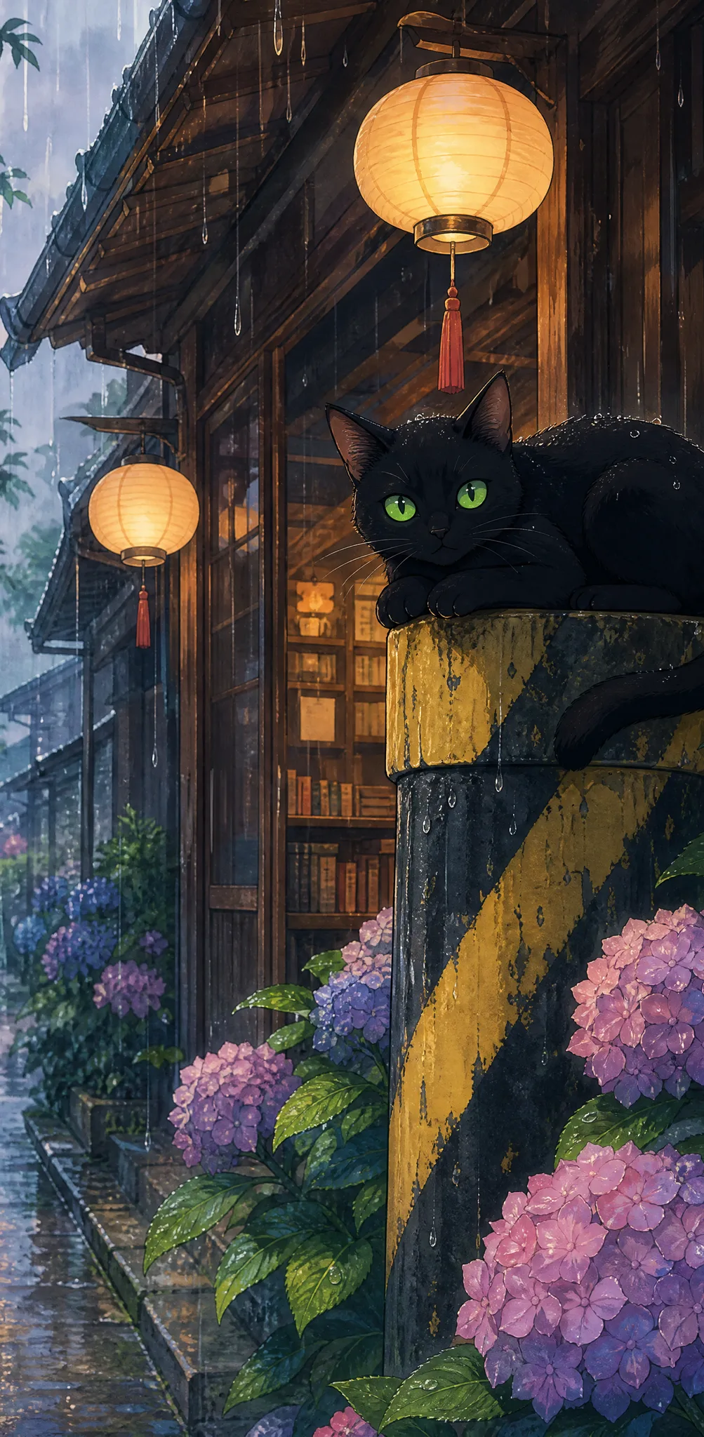 Details of the Rainy Anime Street Anime black cat with green eyes lying on top of a yellow-and-black striped pole in the rain beside a lantern-lit shop