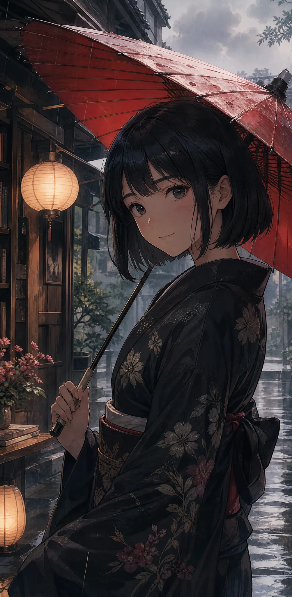 A young woman with a short glossy black bob drawn as an anime character, gentle smile, wearing a dark kimono and