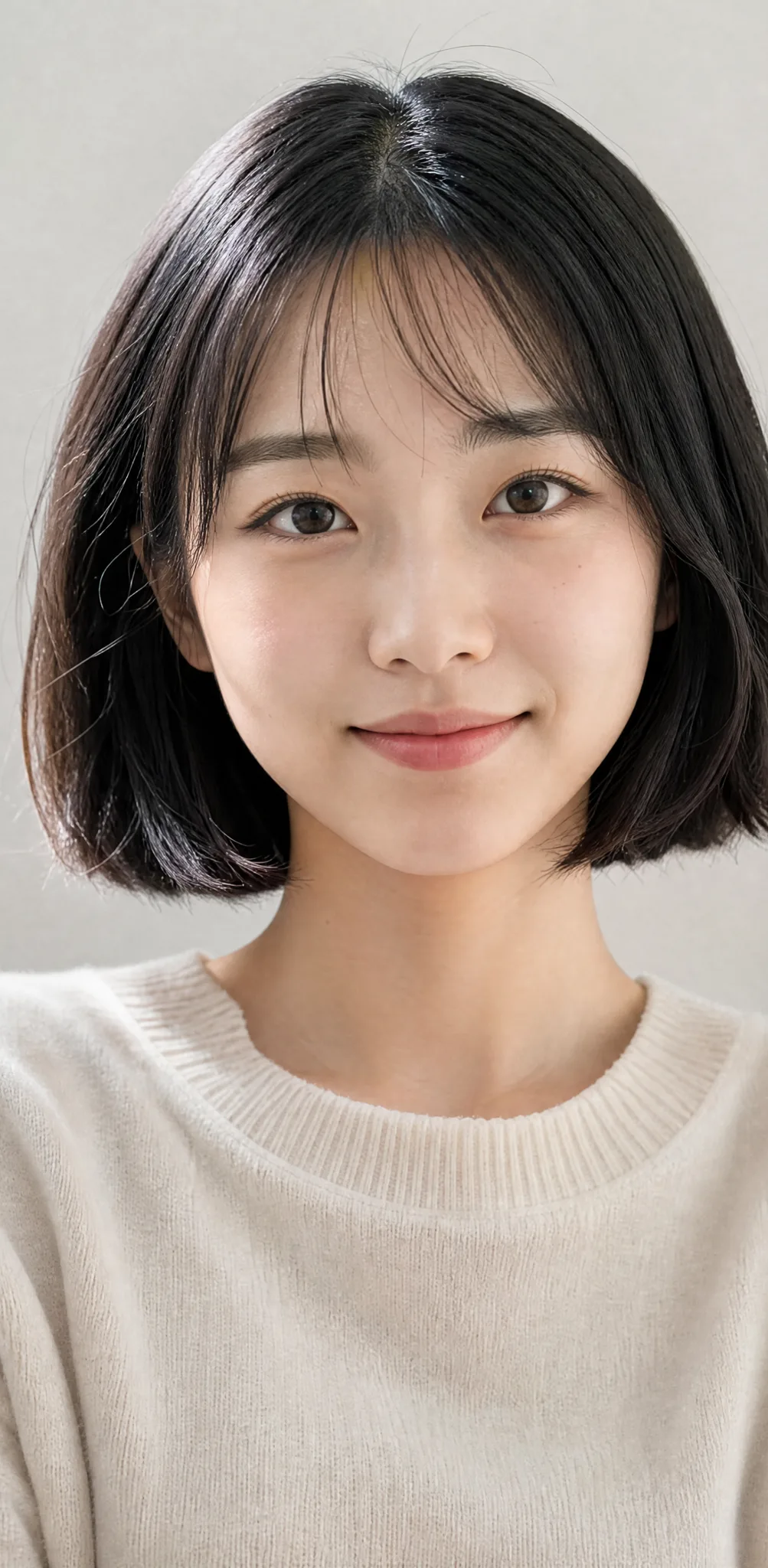 One Clear Portrait for Anime AI Image to Video Young woman with a short black bob and a gentle smile looking straight at the camera in soft window light