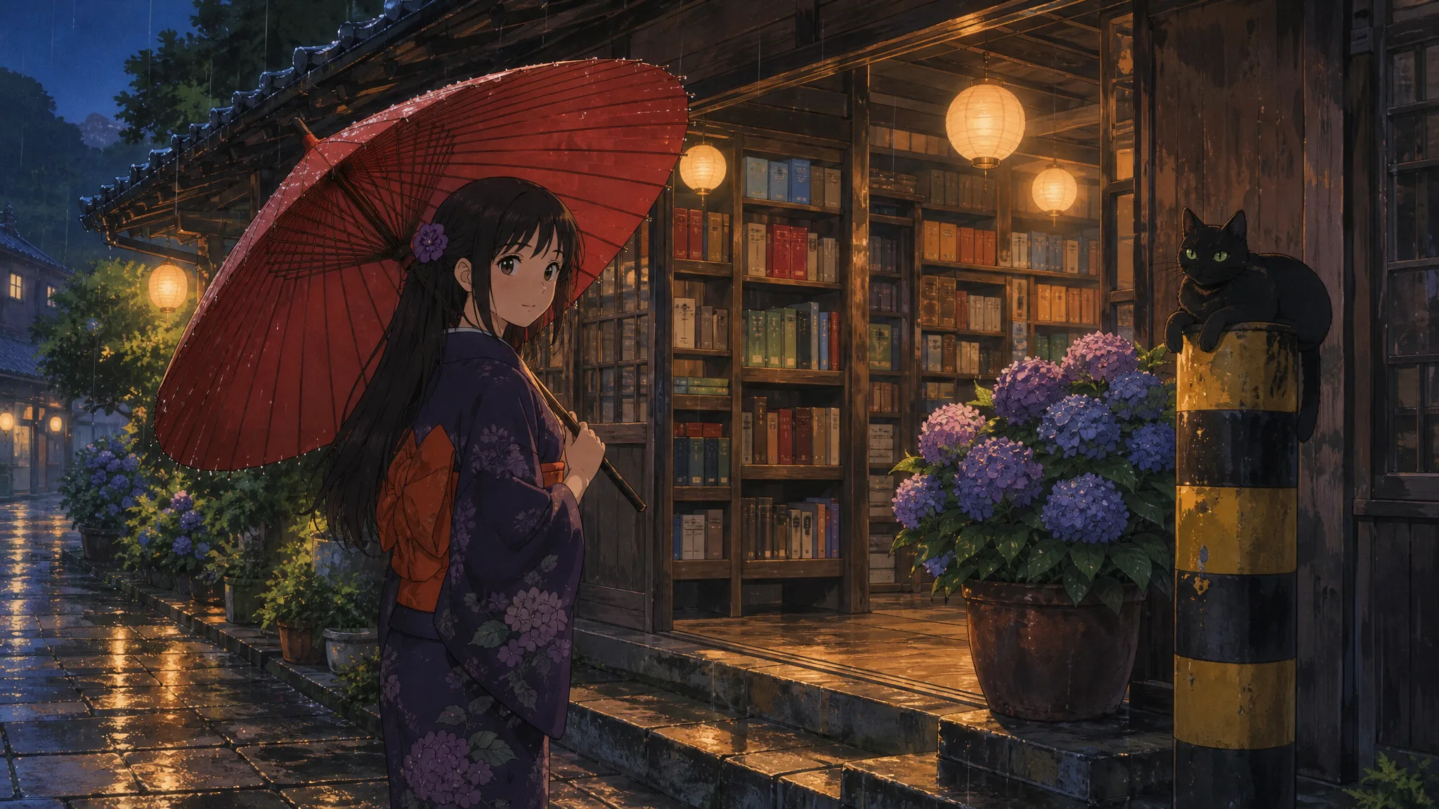 Hand-painted anime woman in a dark kimono holding a red paper umbrella outside a lantern-lit bookshop on a rainy evening