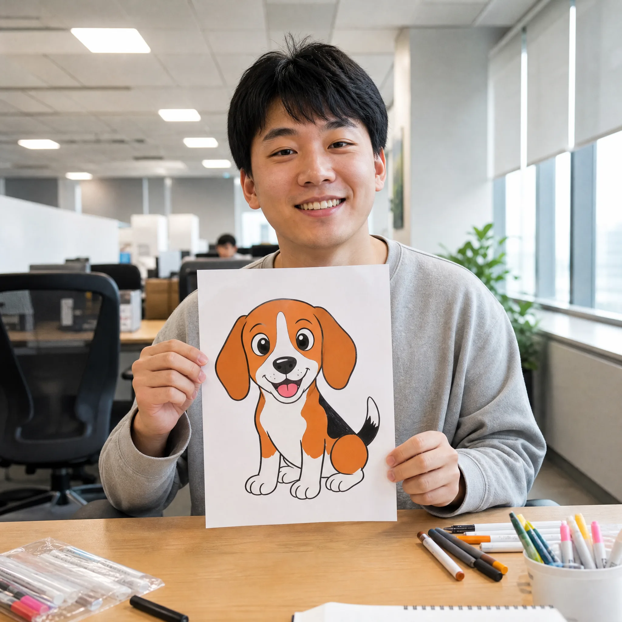 Smiling man in a bright office holding up a cartoon drawing of a happy beagle